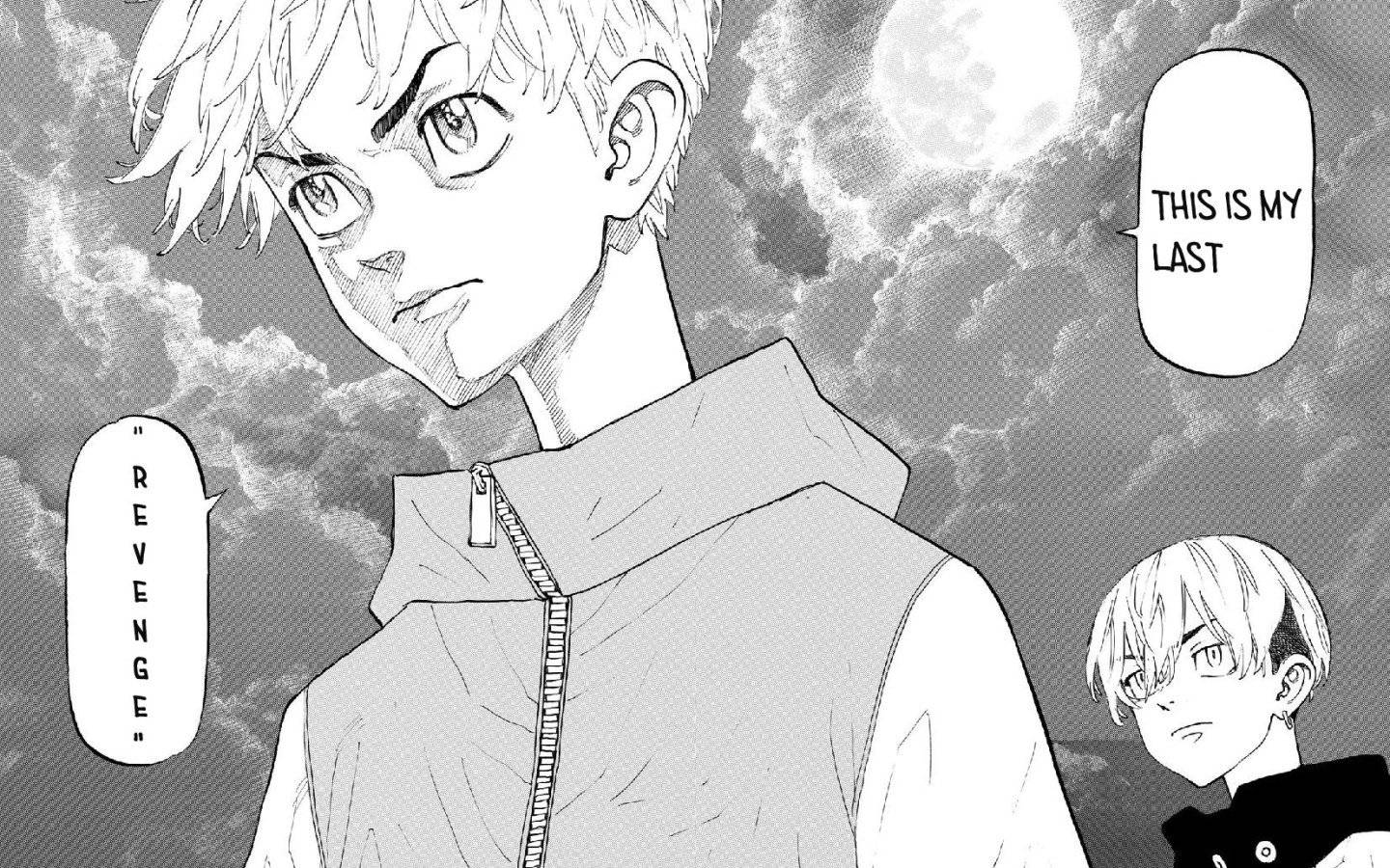 東京卍复仇者 筆記本電腦壁紙 桌布 壁紙 — 一個決心復仇的動漫男孩，頭髮尖刺、眼神銳利，在滿月下對著多雲的天空宣告復仇。