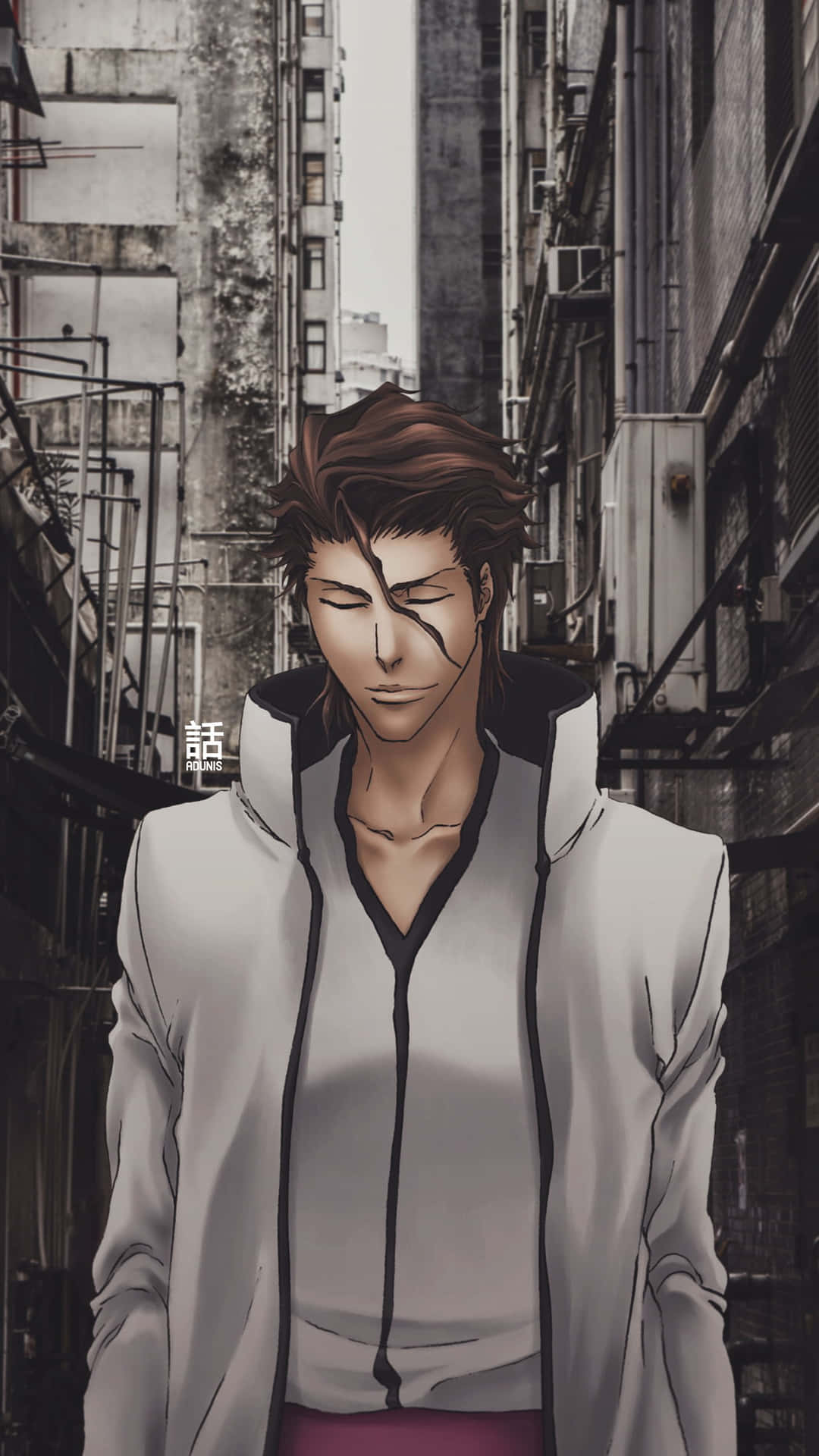 死神 桌布 壁紙 — 一個沉思中的動漫男子，棕色頭髮，身穿白色連帽衫，站在高樓之間狹窄的城市小巷中。