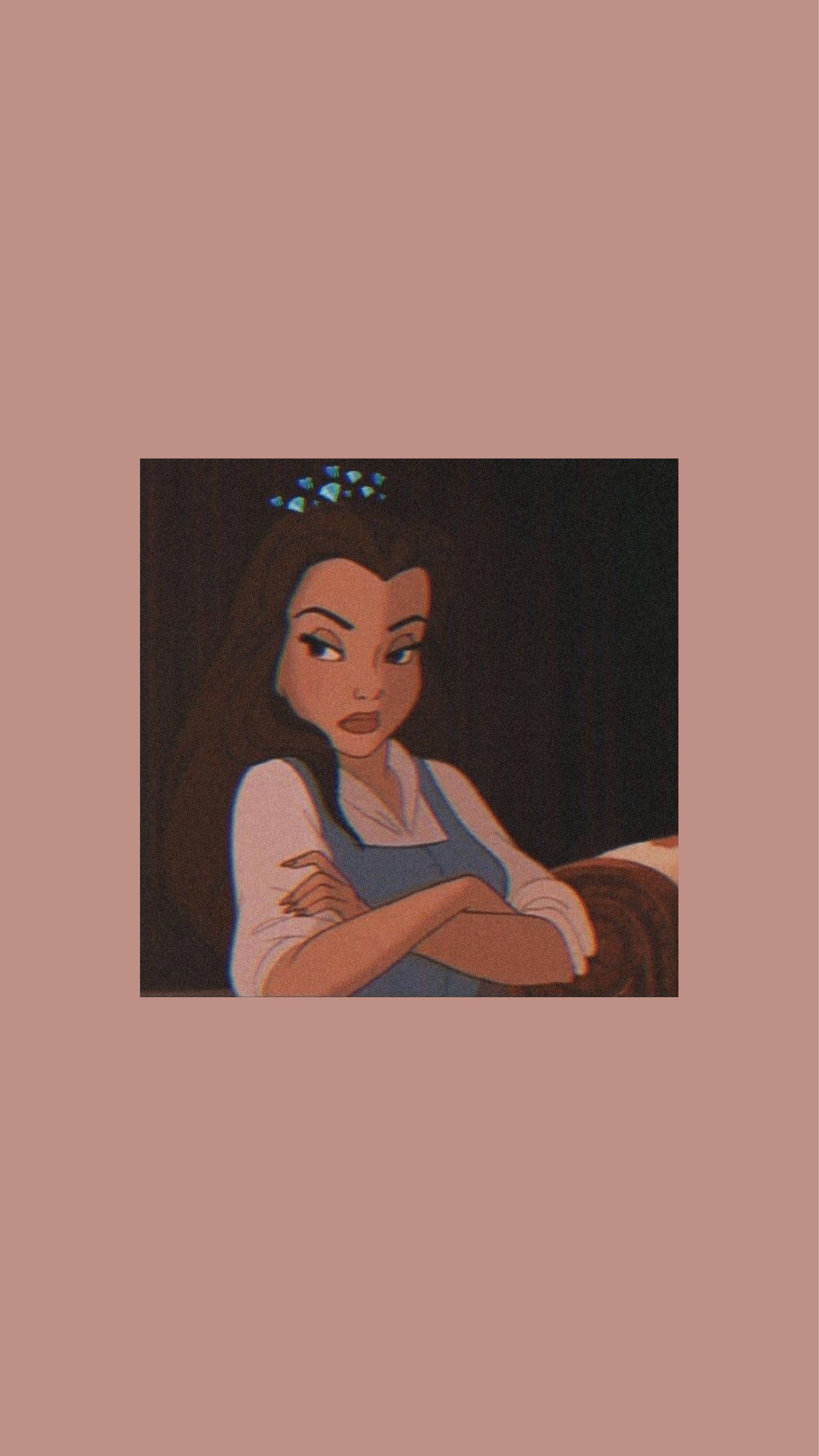 壞女孩 桌布 壁紙 — 一個沉思的動畫女子，長長的黑髮和藍色蝴蝶結，手臂休息，周圍是柔和的粉紅色環境。