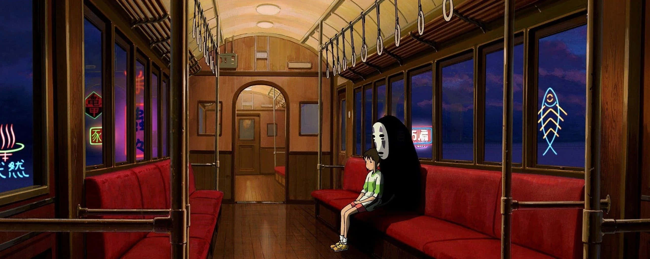 Hayao Miyazaki Movies 桌布 壁紙 — 一個沉默的幽靈和一個年輕女孩一起坐在復古火車車廂內的紅色座位上，外面是黃昏時分閃爍的霓虹燈招牌。