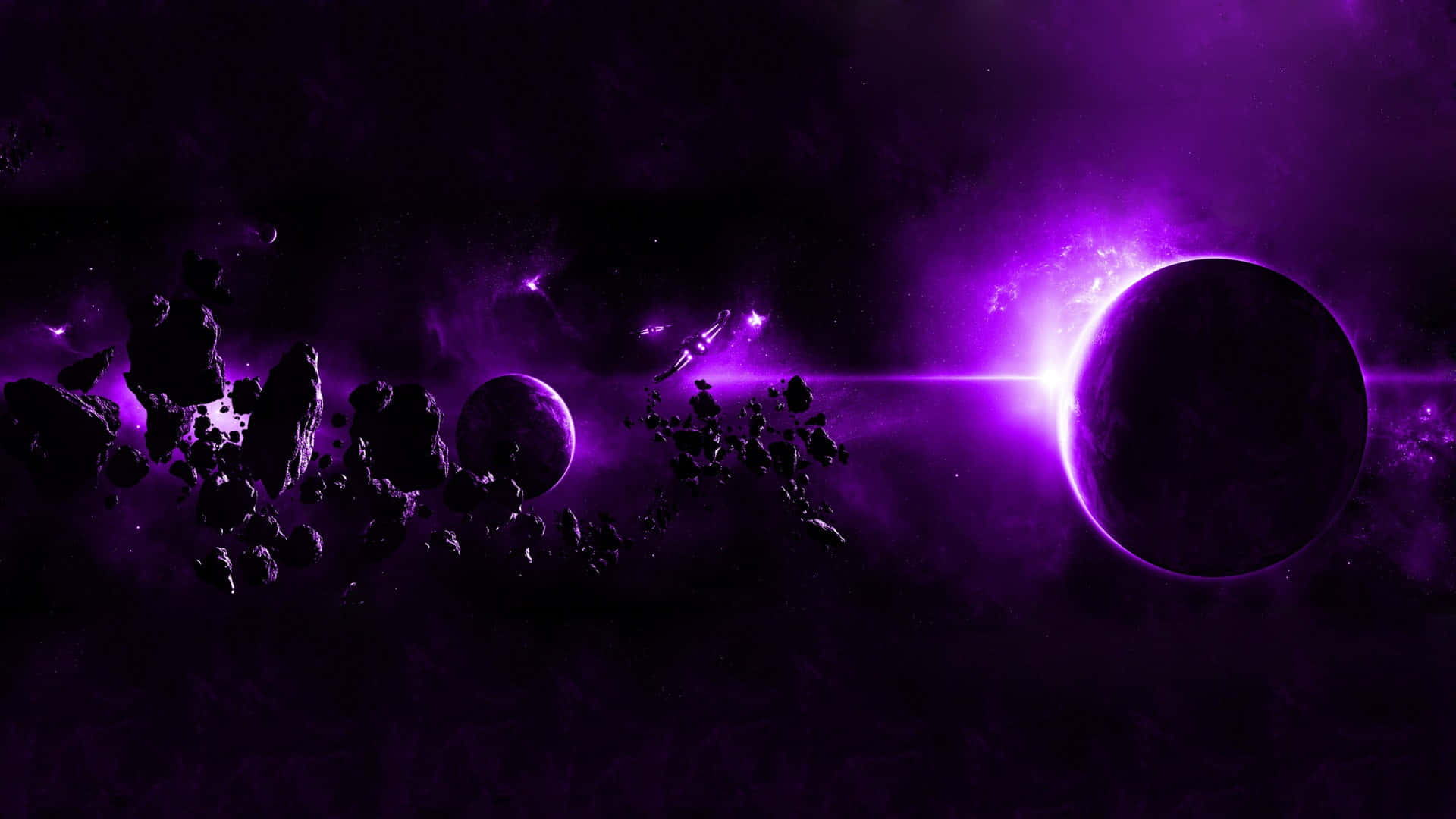 暗紫色美學 桌布 壁紙 — 一個沐浴在充滿活力的紫色光中的宇宙場景，小行星漂浮在發光的行星和燦爛的星爆附近。
