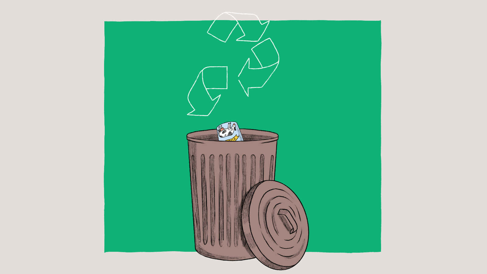 Recycling 桌布 壁紙 — 一個沒有蓋的棕色垃圾桶，裡面裝著一張皺巴巴的紙，上面漂浮著回收標誌，背景為綠色。