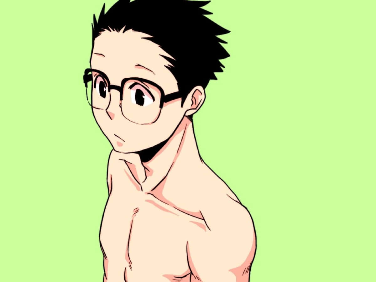 Kain Fuery 桌布 壁紙 — 一個沒穿上衣的動漫男孩，黑色刺蝟頭戴眼鏡，在純淺綠色背景前回頭看。