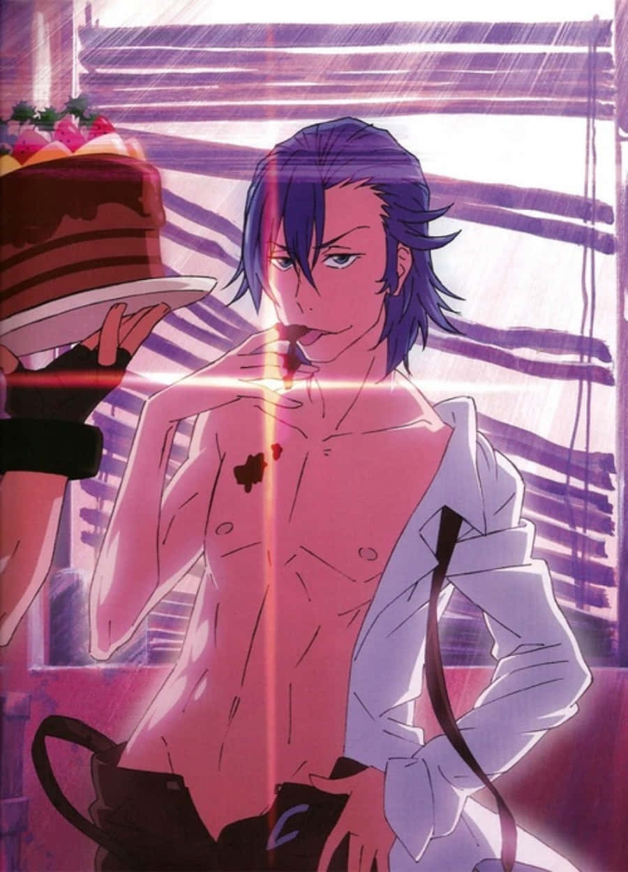 Aikuro Mikisugi 桌布 壁紙 — 一個沒穿上衣的紫髮動漫男人靠在窗邊，一隻手在粉紅和紫色光線下遞給他一個多層巧克力蛋糕。