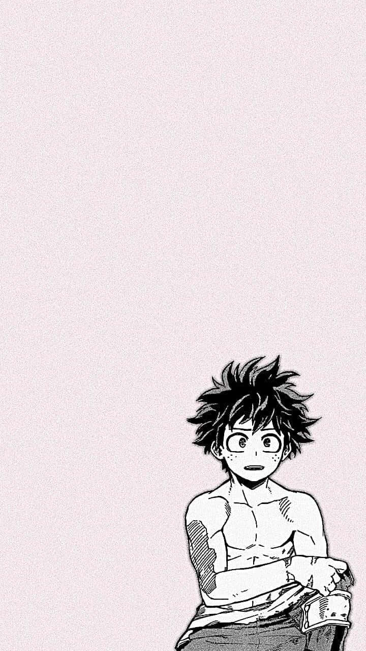 Aesthetic Deku 桌布 壁紙 — 一個沒穿衣服、頭髮豎起的動漫男孩坐在淡粉紅色背景的底部，表情驚訝。