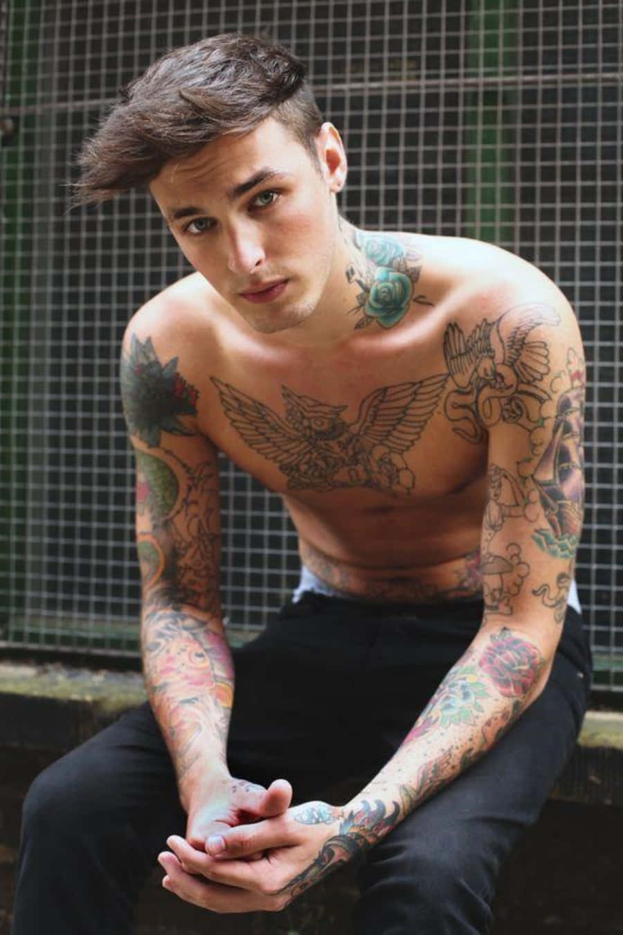 Tattoo Boy 桌布 壁紙 — 一個沒穿襯衫的刺青男子，帶著銳利的眼神，坐在一個有鐵絲網圍欄的 ledge 上，展示他手臂和胸口上精緻的彩色刺青。