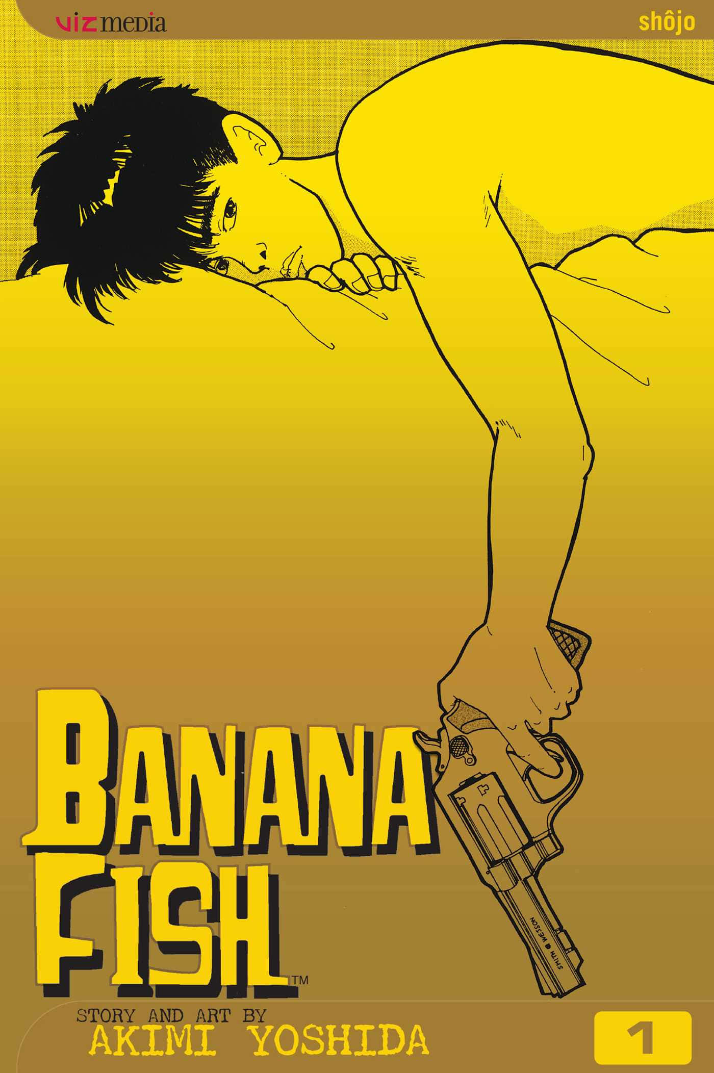 Banana Fish 桌布 壁紙 — 一個沒穿襯衫的年輕人，頭髮尖尖，側躺著，手持一把左輪手槍，背景是黃色漸層。