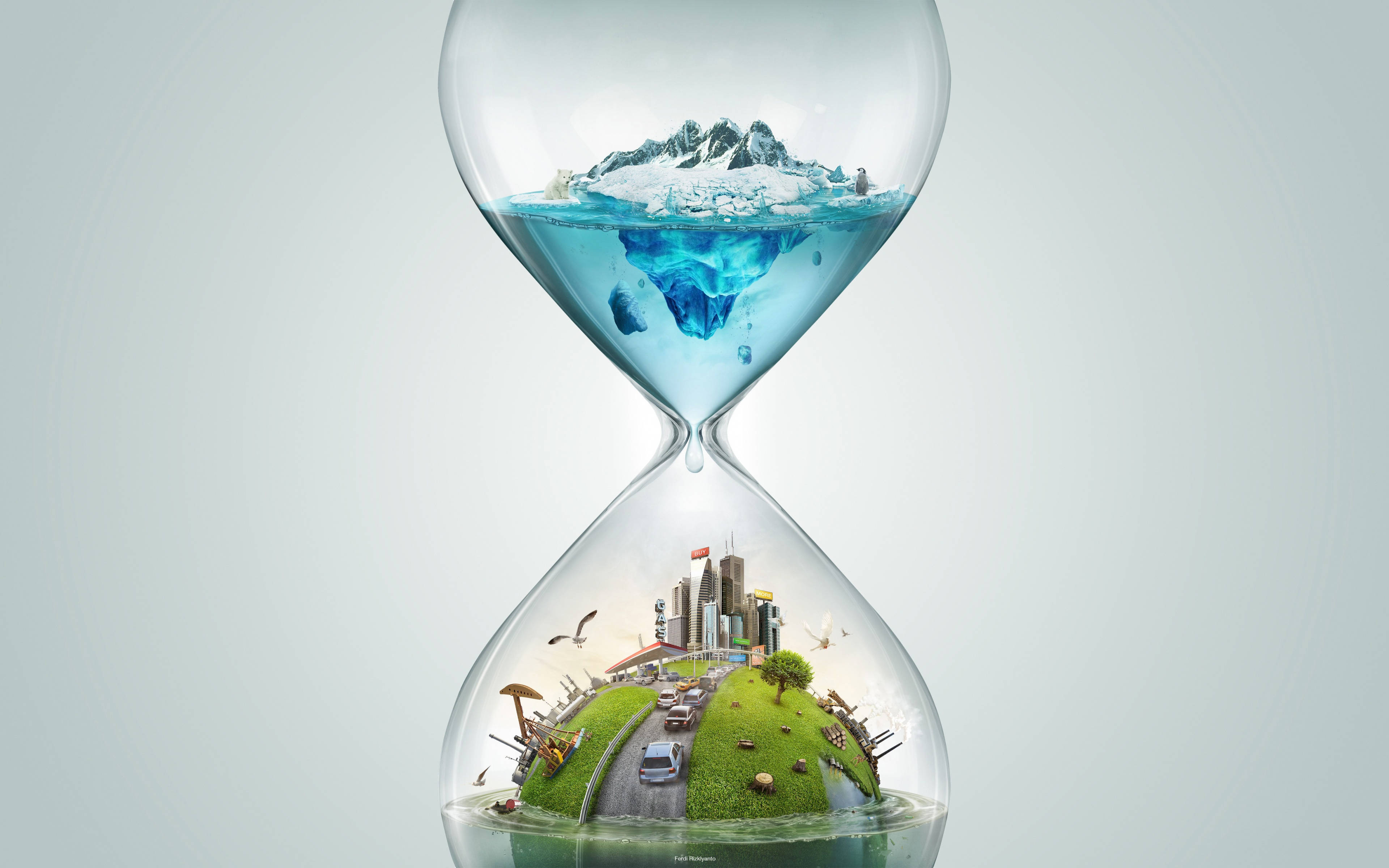 世界地球日 桌布 壁紙 — 一個沙漏包含上方正在融化的冰川和下方繁華的城市，水滴在兩者之間滴落。