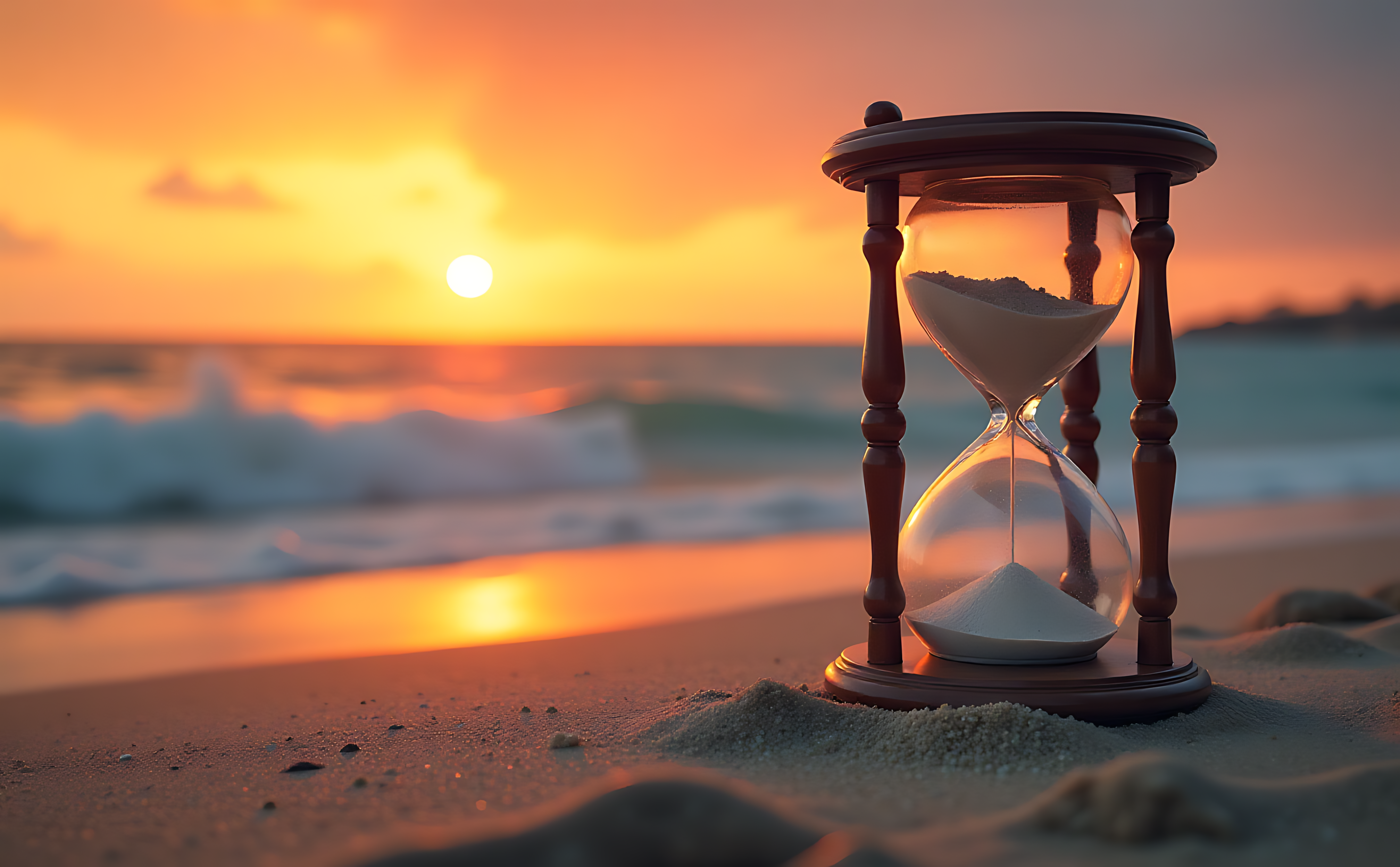 Hourglass 桌布 壁紙 — 一個沙漏流著沙，放在沙灘上，夕陽正在海洋波浪上落下。