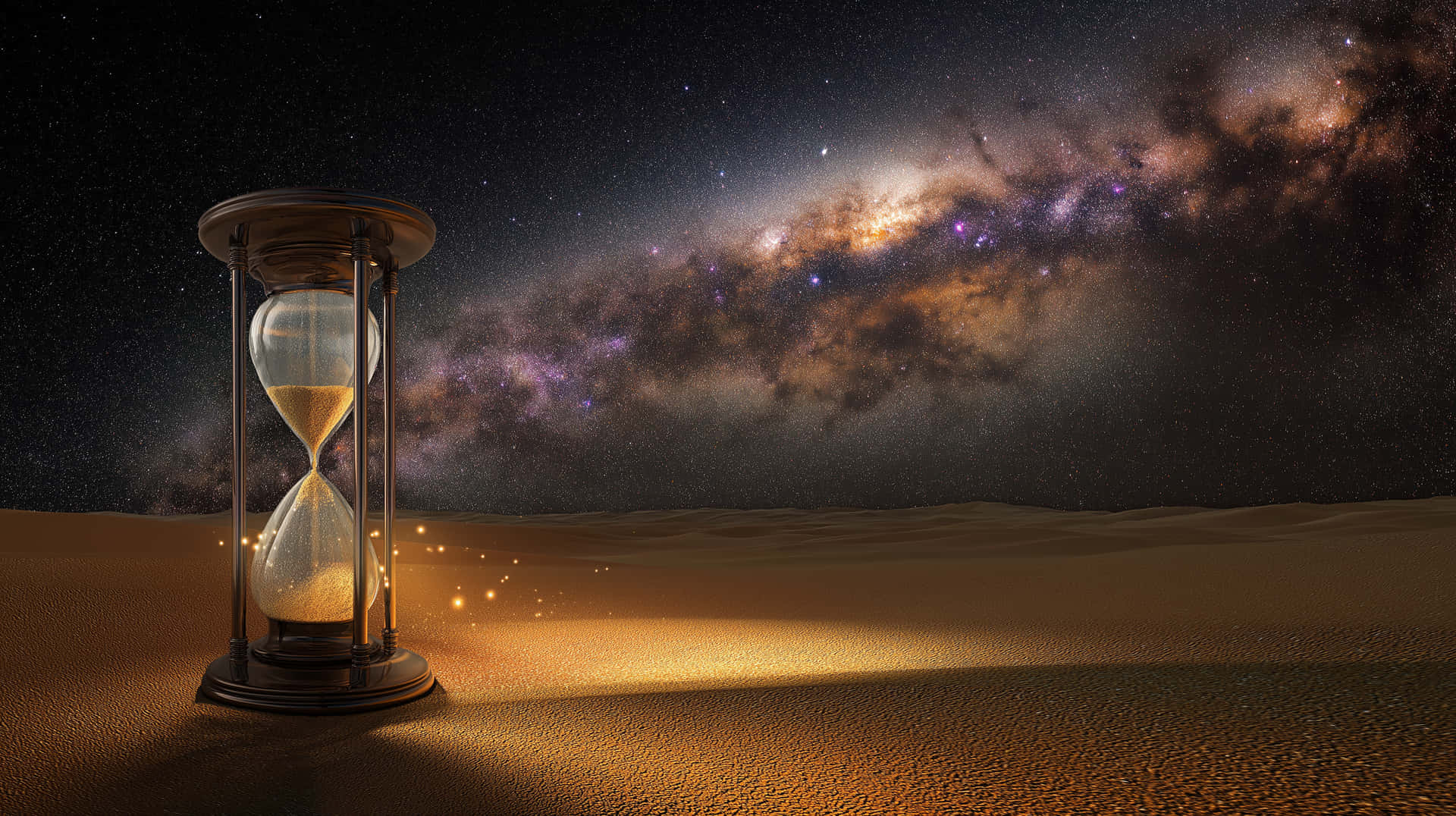Hourglass on Desert with Starry Sky and Glowing Sand 壁紙 — 一個沙漏矗立在沙漠沙丘上，星空下，閃爍的銀河拱起於上空。