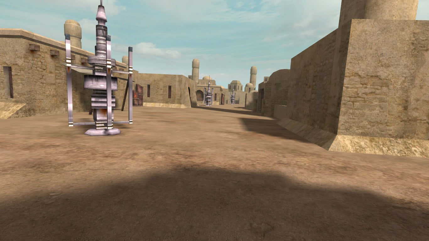 Mos Eisley 桌布 壁紙 — 一個沙漠峽谷小鎮，有石頭建築和一個金屬機器人站在塵土飛揚的前景中，天空明亮。