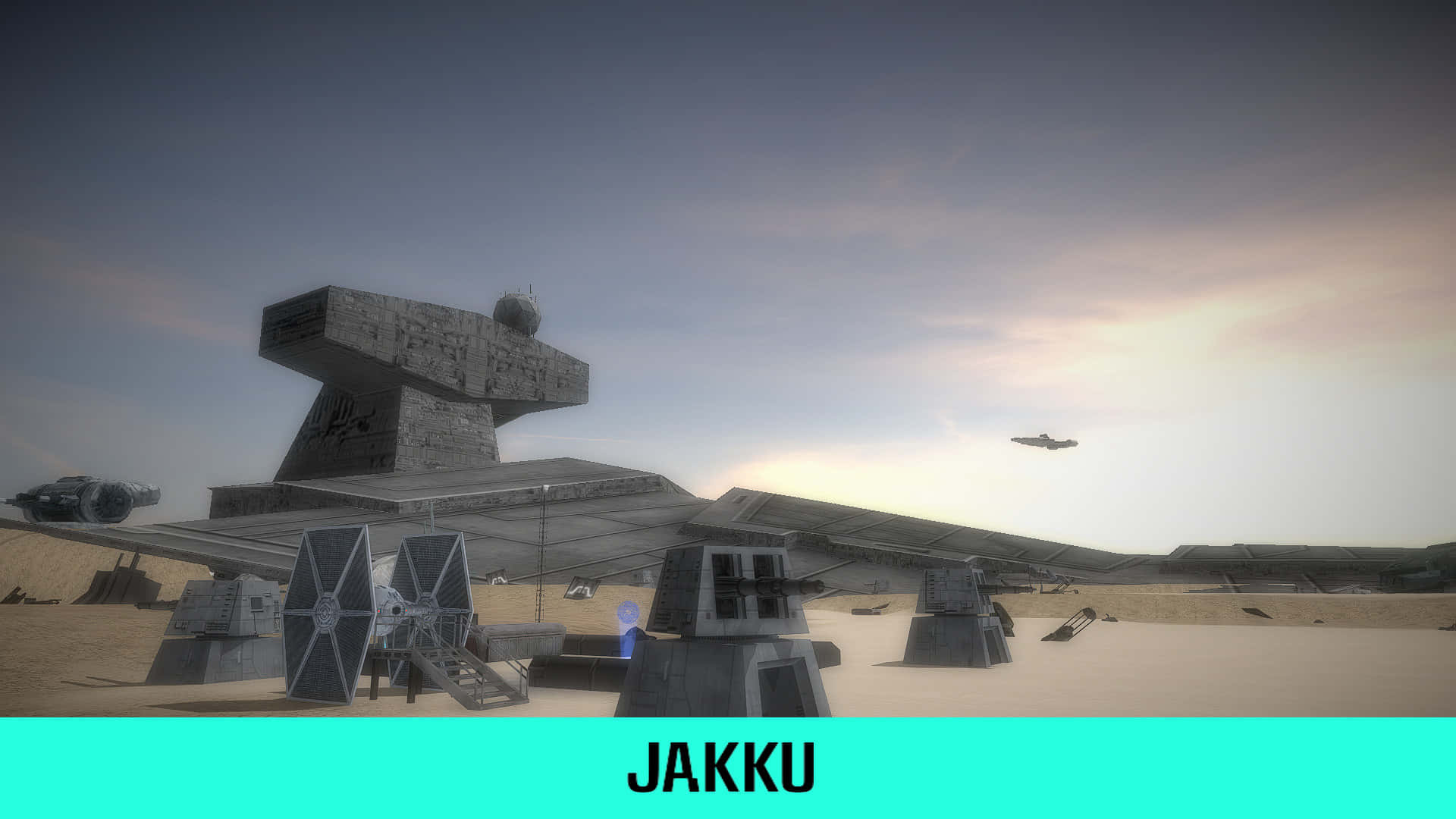 Jakku 桌布 壁紙 — 一個沙漠星球，在暮色天空下擁有古老的石結構和TIE戰鬥機。