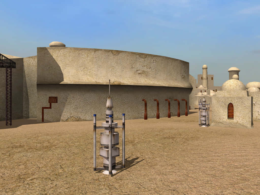 Mos Eisley 桌布 壁紙 — 一個沙漠星球，擁有沙質地形和彎曲的石頭建築，在清澈的藍天下。