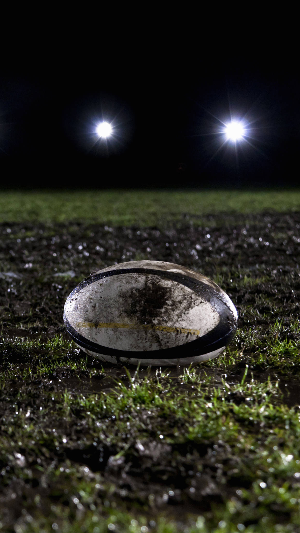 Rugby 桌布 壁紙 — 一個沾滿泥濘的橄欖球在夜間明亮的球場燈光下擱在濕草地上。