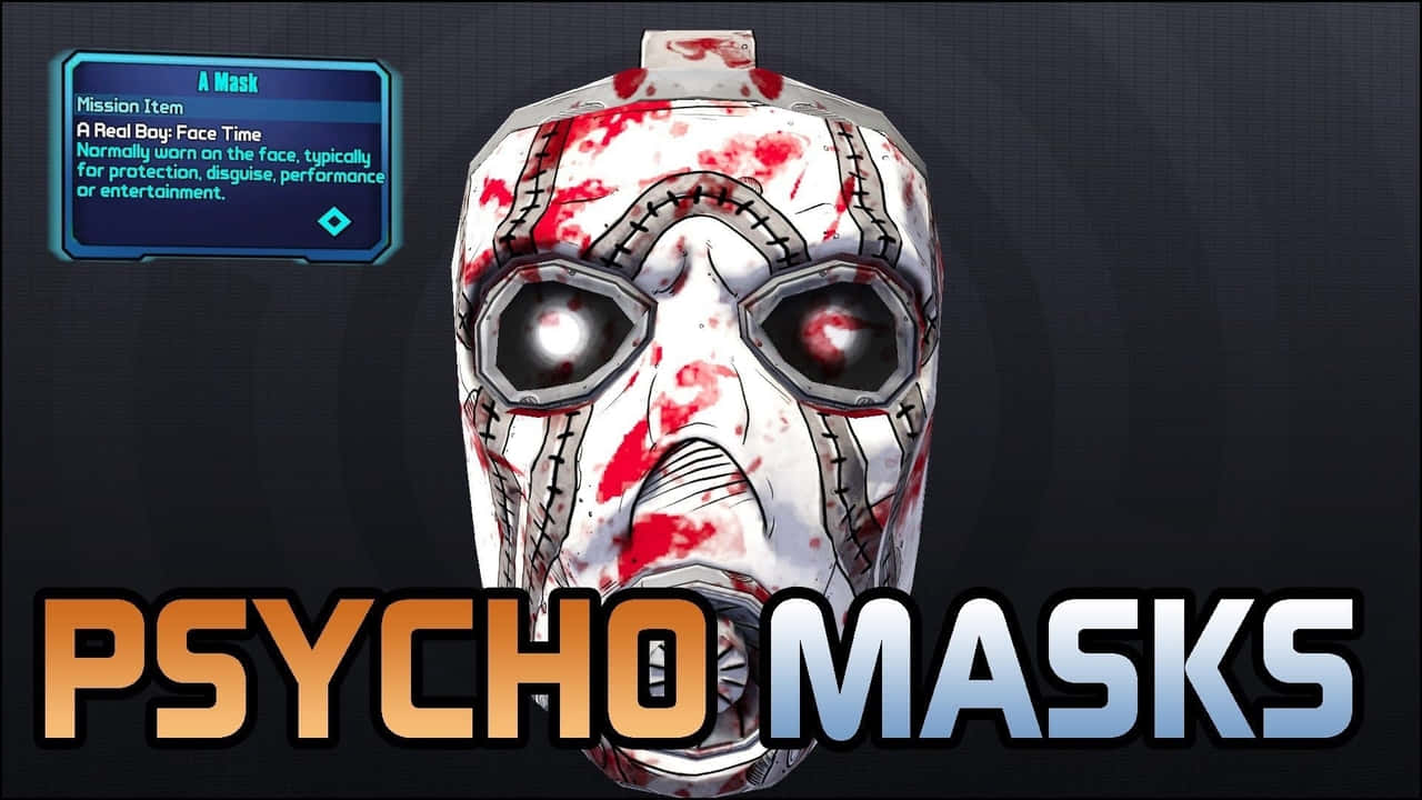 psycho 桌布 壁紙 — 一個沾滿血跡的白色面具，帶有發光的眼睛和縫合接縫，在帶有遊戲UI文字的深色背景上展示。