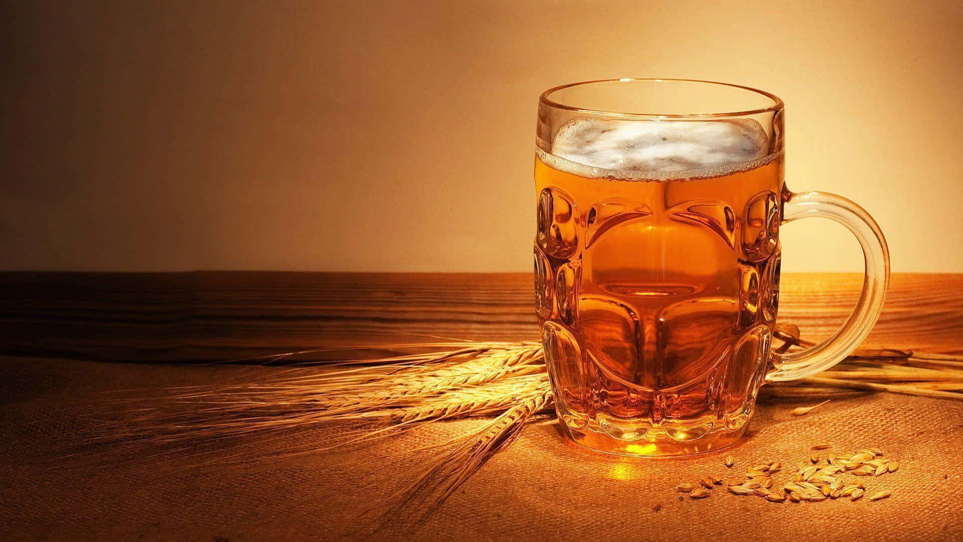 Beer 桌布 壁紙 — 一個泡沫豐富的琥珀色啤酒杯放在木桌上，旁邊有金色麥稈和散落的穀粒，在溫暖的燈光下。