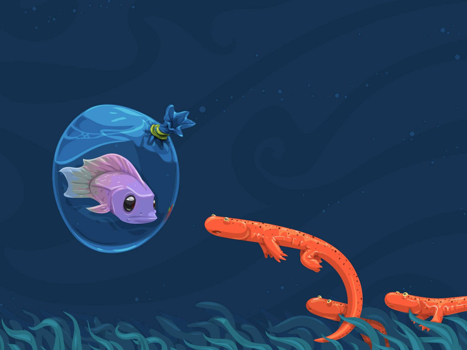魚 桌布 壁紙 — 一個泡泡裡的紫色魚漂浮在橙色蠑螈附近，牠們在深藍色海浪中游泳。