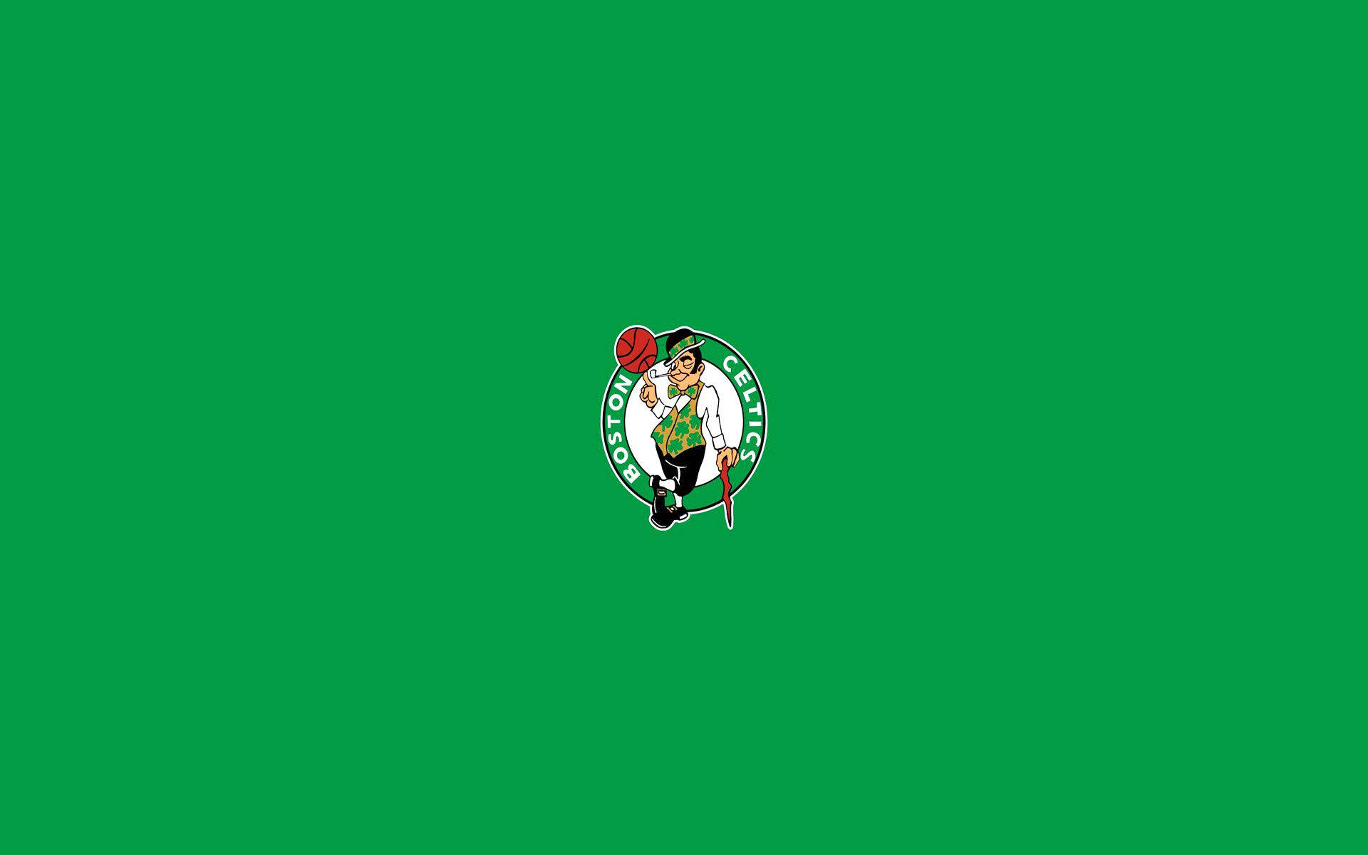Celtics 桌布 壁紙 — 一個波士頓塞爾提克隊標誌，居中於純綠色背景上，有一個小妖精拿著籃球。