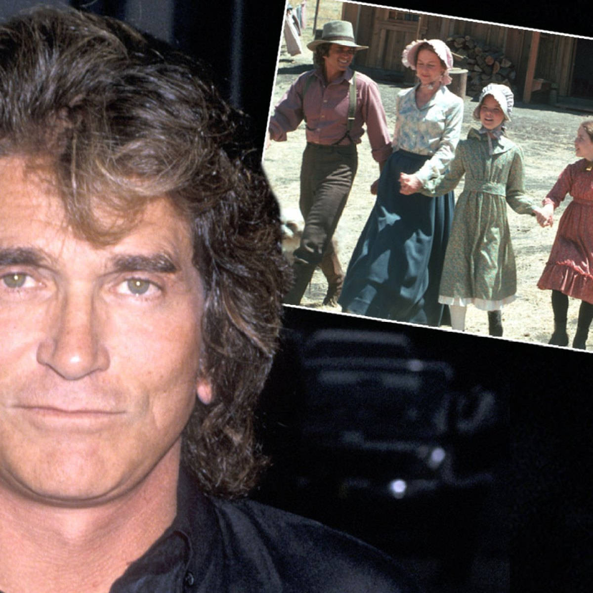 Michael Landon 桌布 壁紙 — 一個波浪形棕色頭髮男子的特寫肖像，旁邊是穿著時代服裝的家庭在戶外散步的拼貼畫。