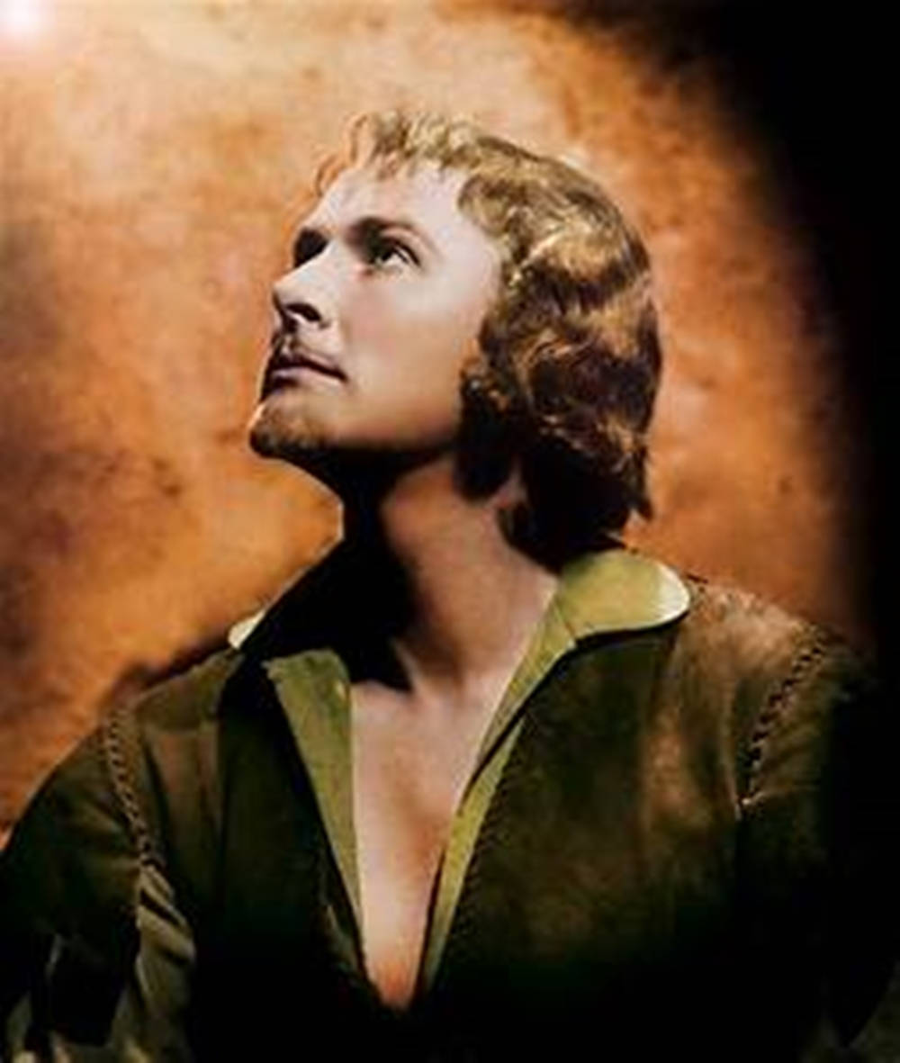 Robin Hood 桌布 壁紙 — 一個波浪髮型的男人在溫暖的紋理背景和戲劇性燈光下向上凝視。