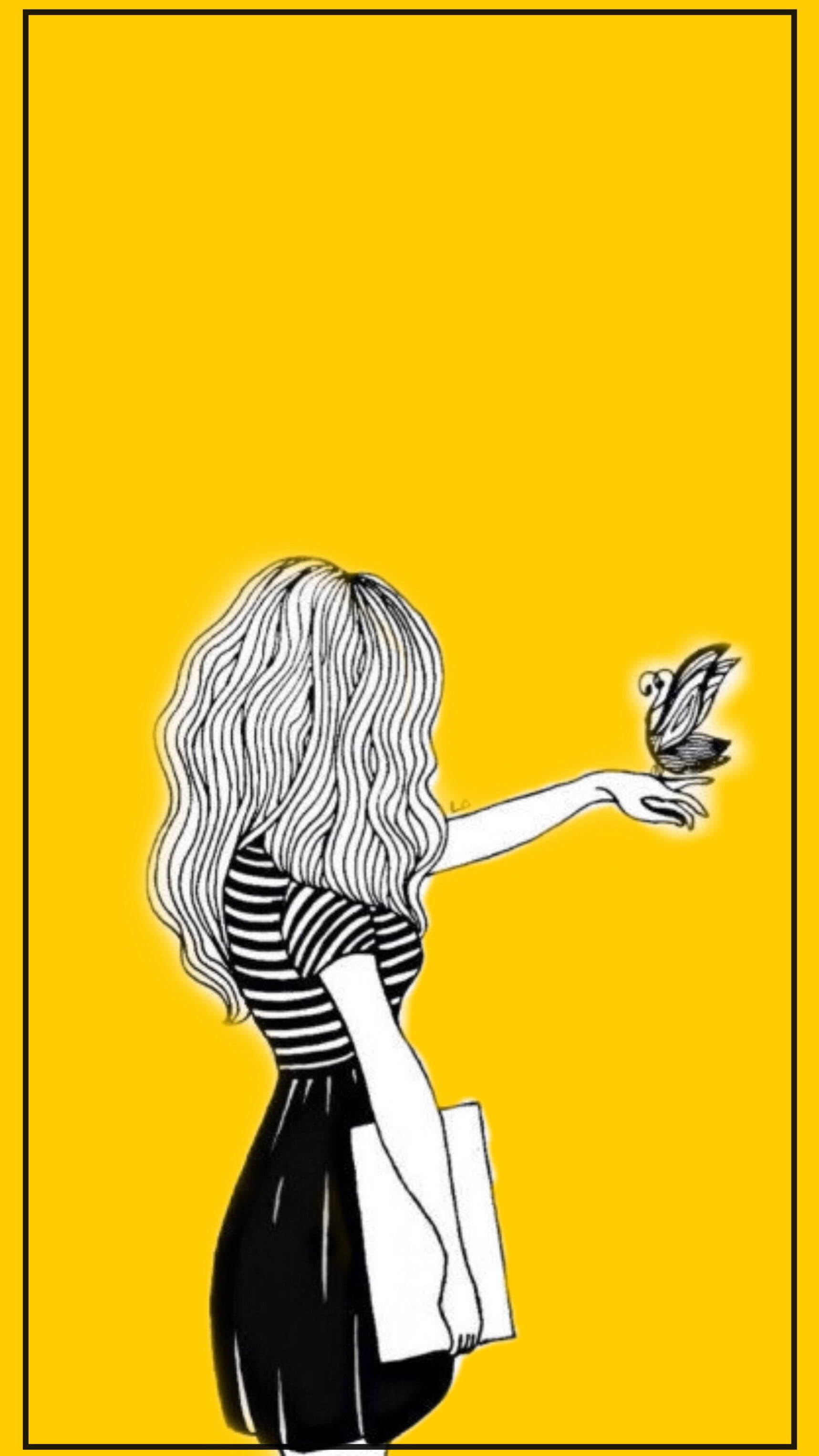 Aesthetic Drawings 桌布 壁紙 — 一個波浪髮女孩穿著條紋襯衫，在鮮黃色背景上輕輕抱著一隻小鳥。