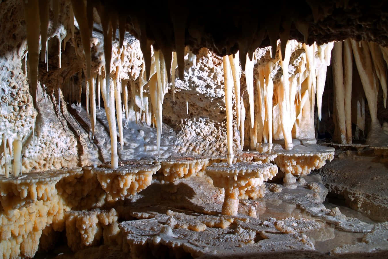 Cave 桌布 壁紙 — 一個洞穴，在溫暖的燈光下，發光的鐘乳石和石筍形成複雜的自然雕塑。