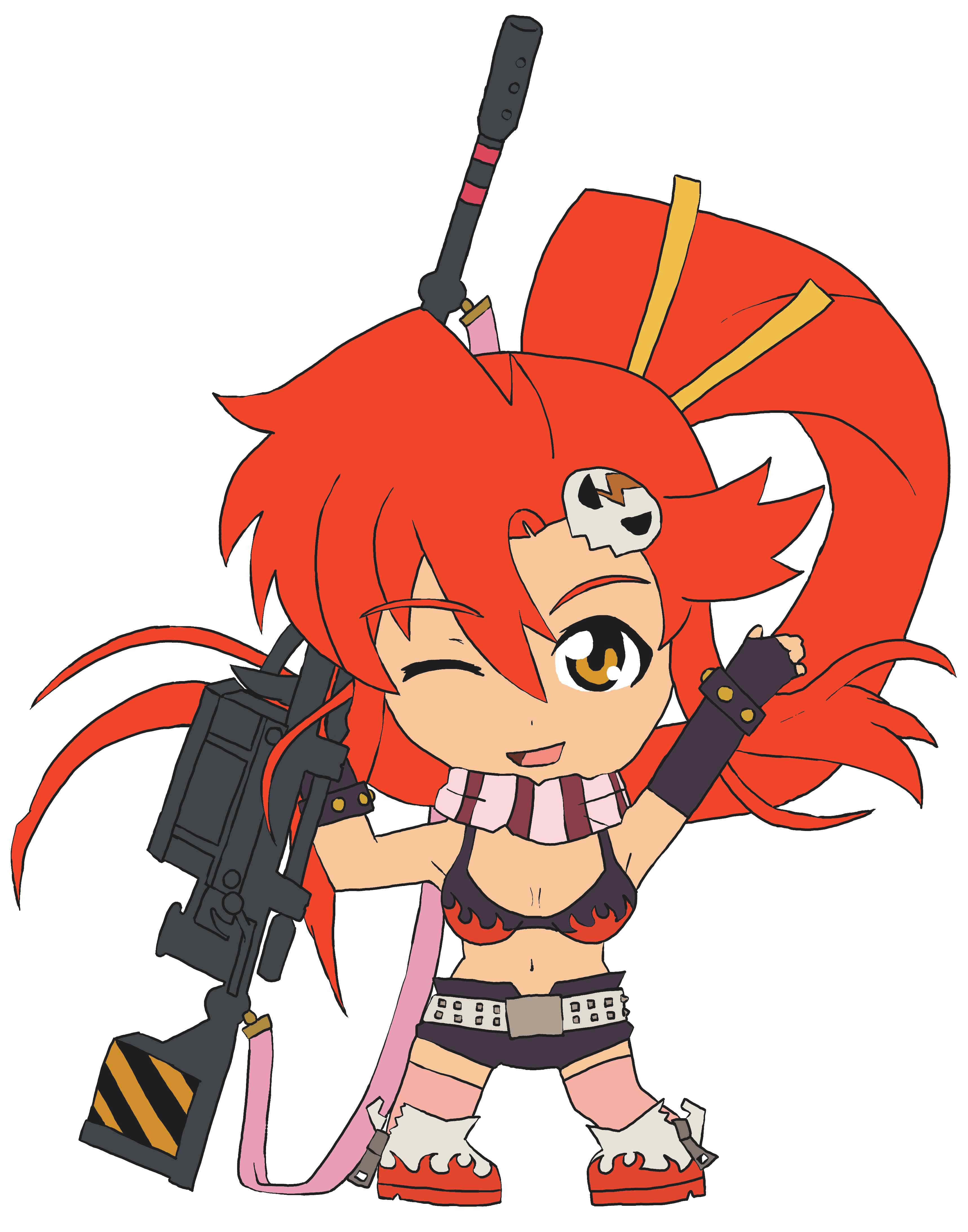yoko littner 桌布 壁紙 — 一個活潑的Q版動漫女孩，火紅頭髮，揮舞著大型未來武器時眨眼。