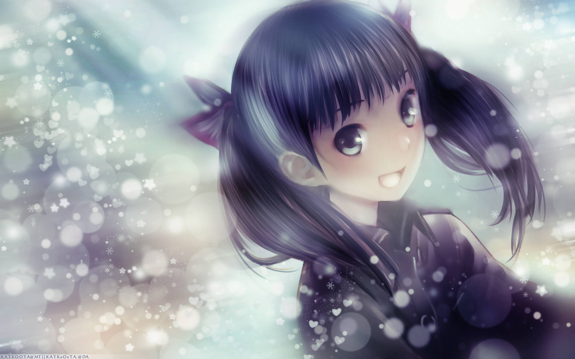 Pretty Girl Cartoon 桌布 壁紙 — 一個活潑的動漫女孩，梳著深色雙馬尾，在夢幻般雪花飄散的散景背景中溫柔微笑。