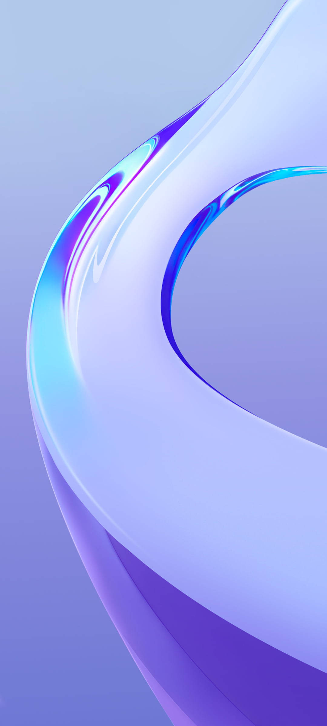 Vivo Y20 桌布 壁紙 — 一個流暢的抽象形狀，帶有虹彩藍色和紫色亮點，背景是柔和的薰衣草漸變色。