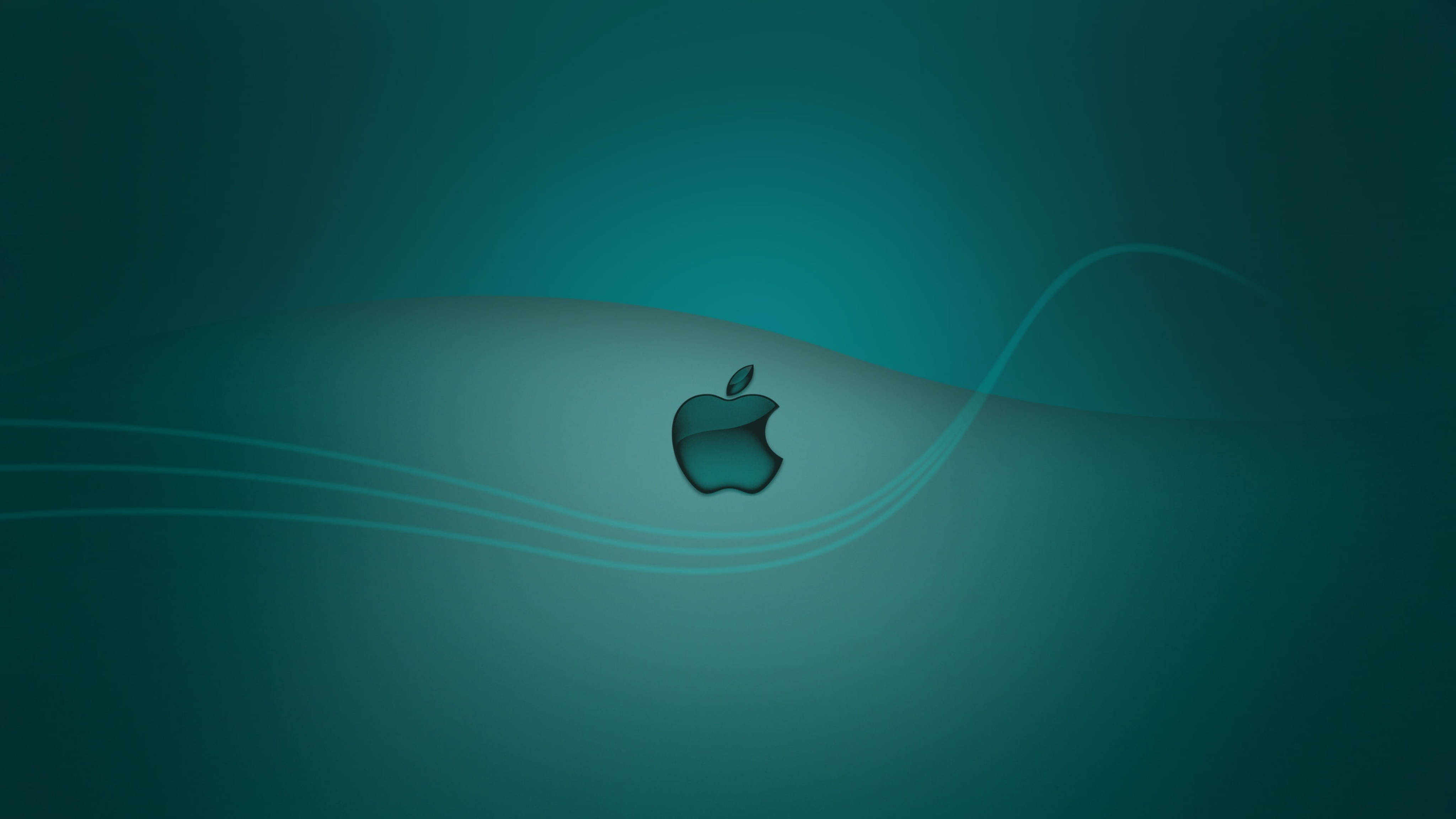 Apple 4K Ultra HD 桌布 壁紙 — 一個流線型的Apple標誌放置在平滑的青綠色波浪上，帶有流動線條，背景是漸變色。