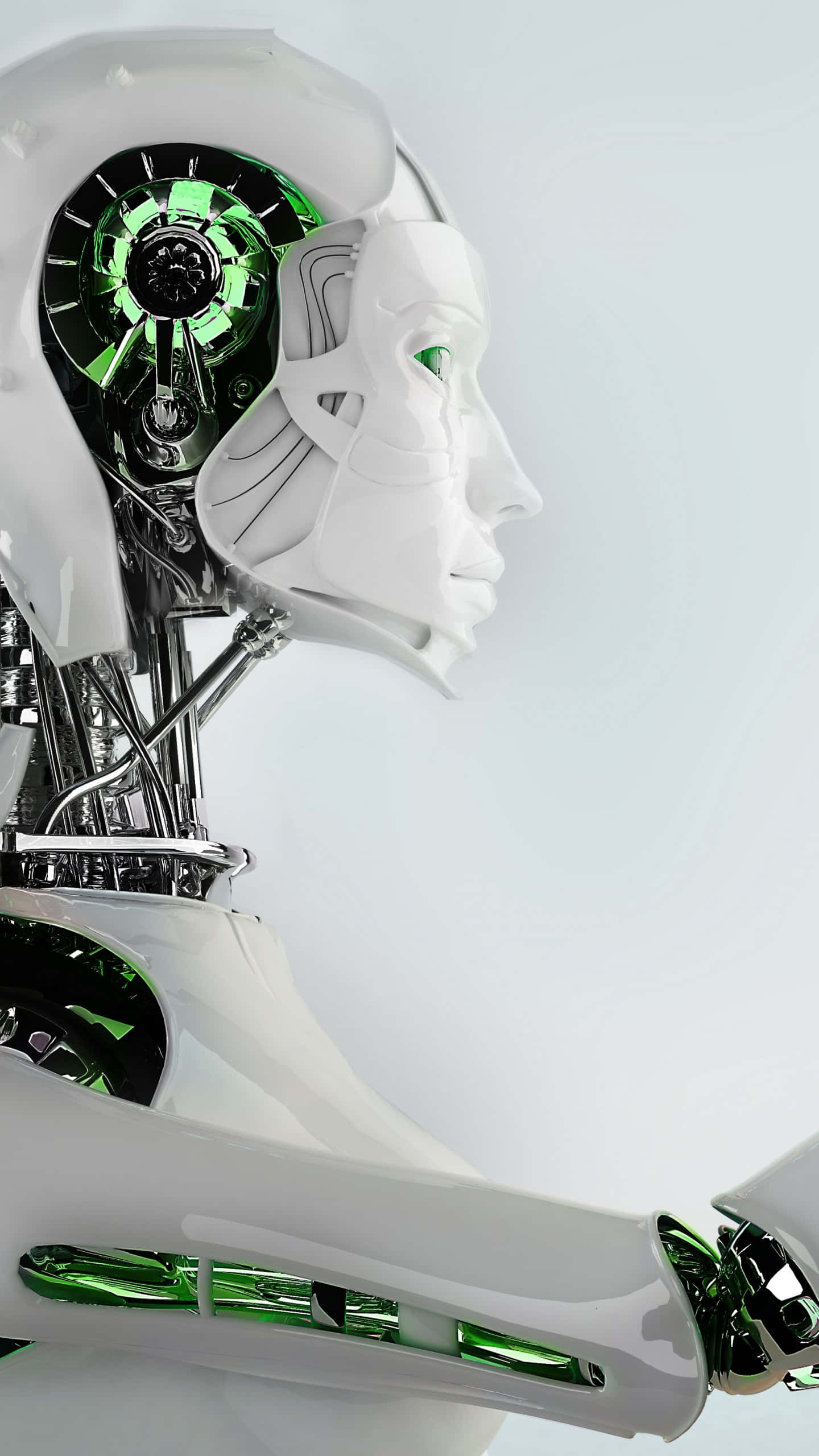 3d Technology 桌布 壁紙 — 一個流線型的白色人形機器人側面，在柔和的灰色背景上顯露出發光的綠色內部齒輪和電路。