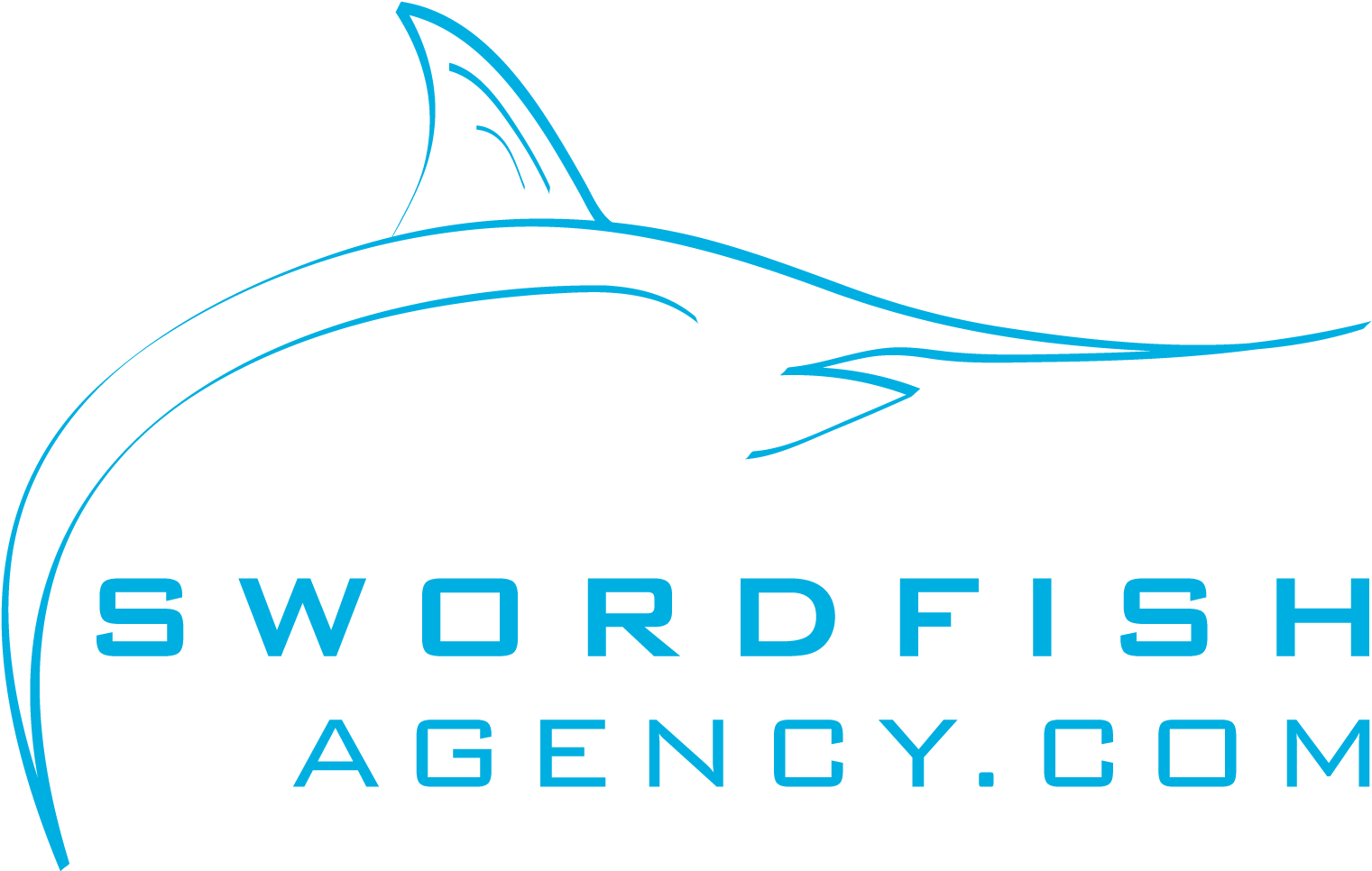 Swordfish 桌布 壁紙 — 一個流線型的藍色線條劍魚標誌，在黑色背景上優雅地彎曲在粗體青色文字上方。