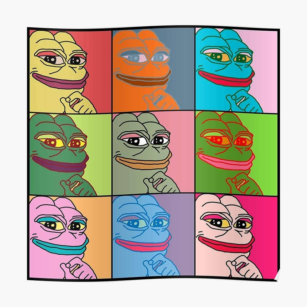 Pepe 桌布 壁紙 — 一個流行藝術網格，包含九個 Pepe the Frog 角色，色彩鮮豔，每個都有獨特的表情和姿勢。