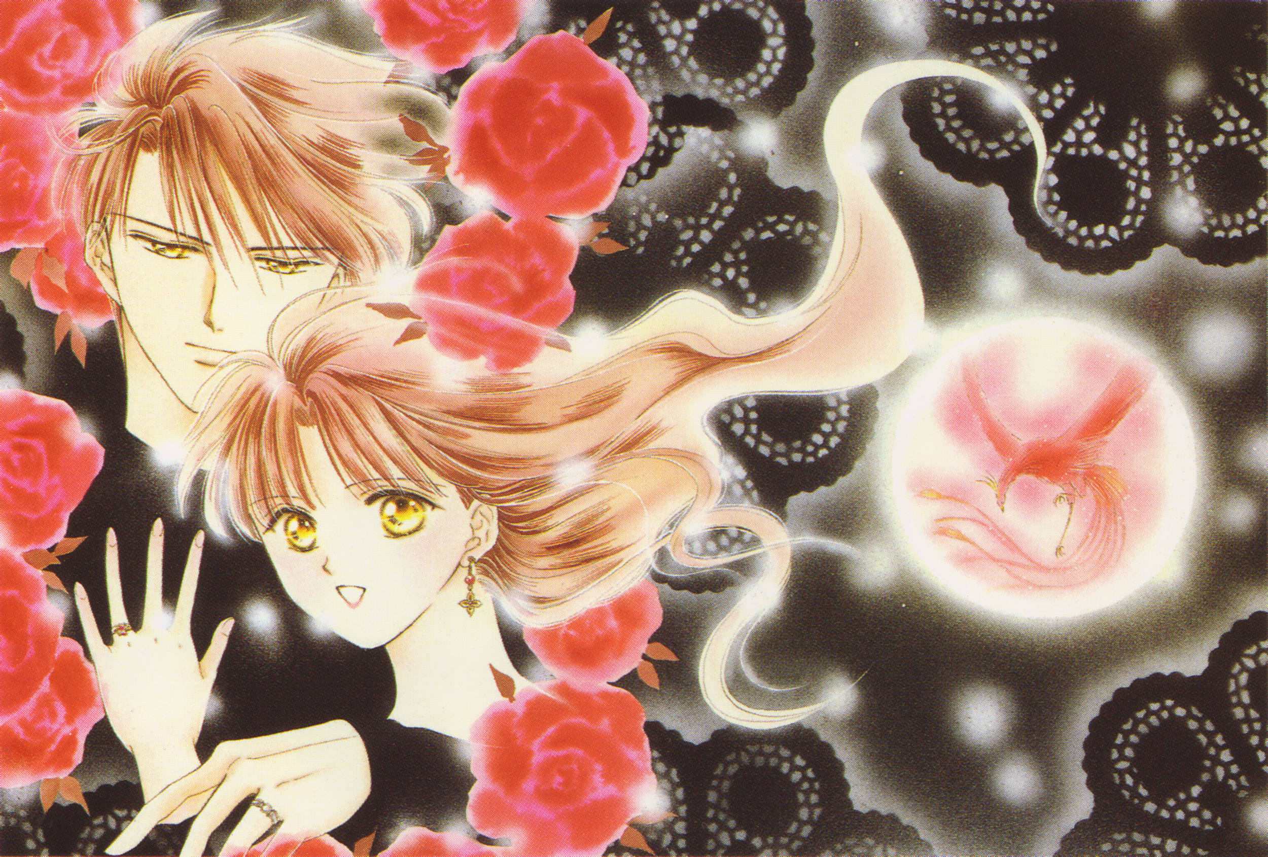 Fushigi Yuugi 桌布 壁紙 — 一個浪漫的動漫情侶，被發光的紅玫瑰和旋轉的光線包圍，背景是深色蕾絲。