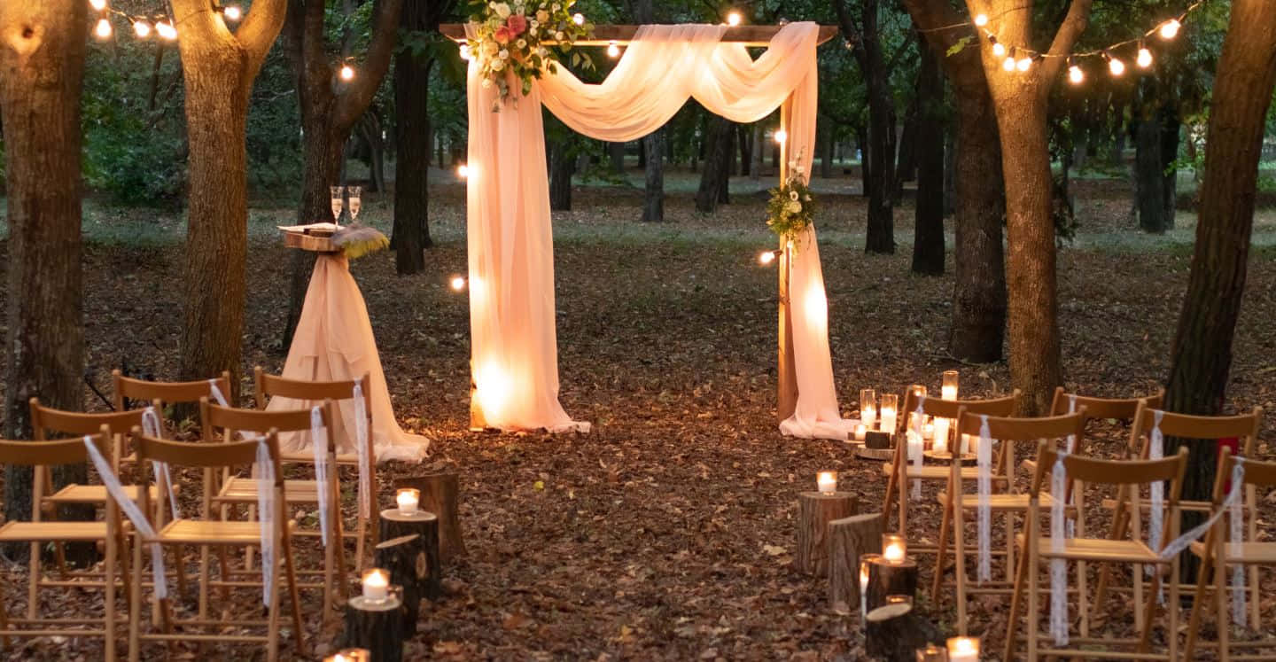 Garden Wedding 桌布 壁紙 — 一個浪漫的戶外婚禮拱門，以奶油色布料覆蓋，並在秋樹間以串燈和蠟燭照亮。