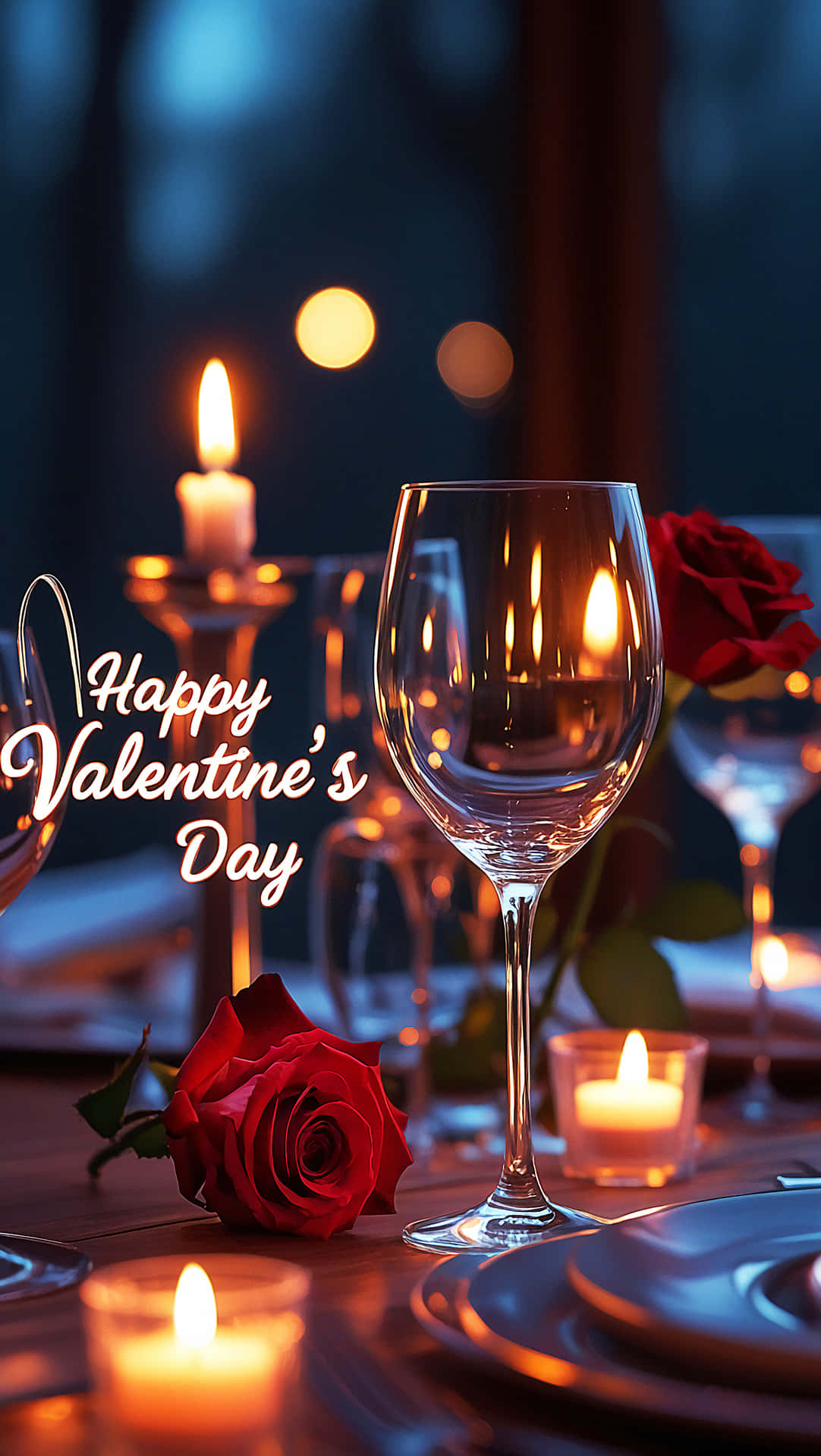 Valetine's day 壁紙 — 一個浪漫的燭光晚餐桌，擺放著紅玫瑰、酒杯和發光的蠟燭，上方有「Happy Valentine's Day」標誌。