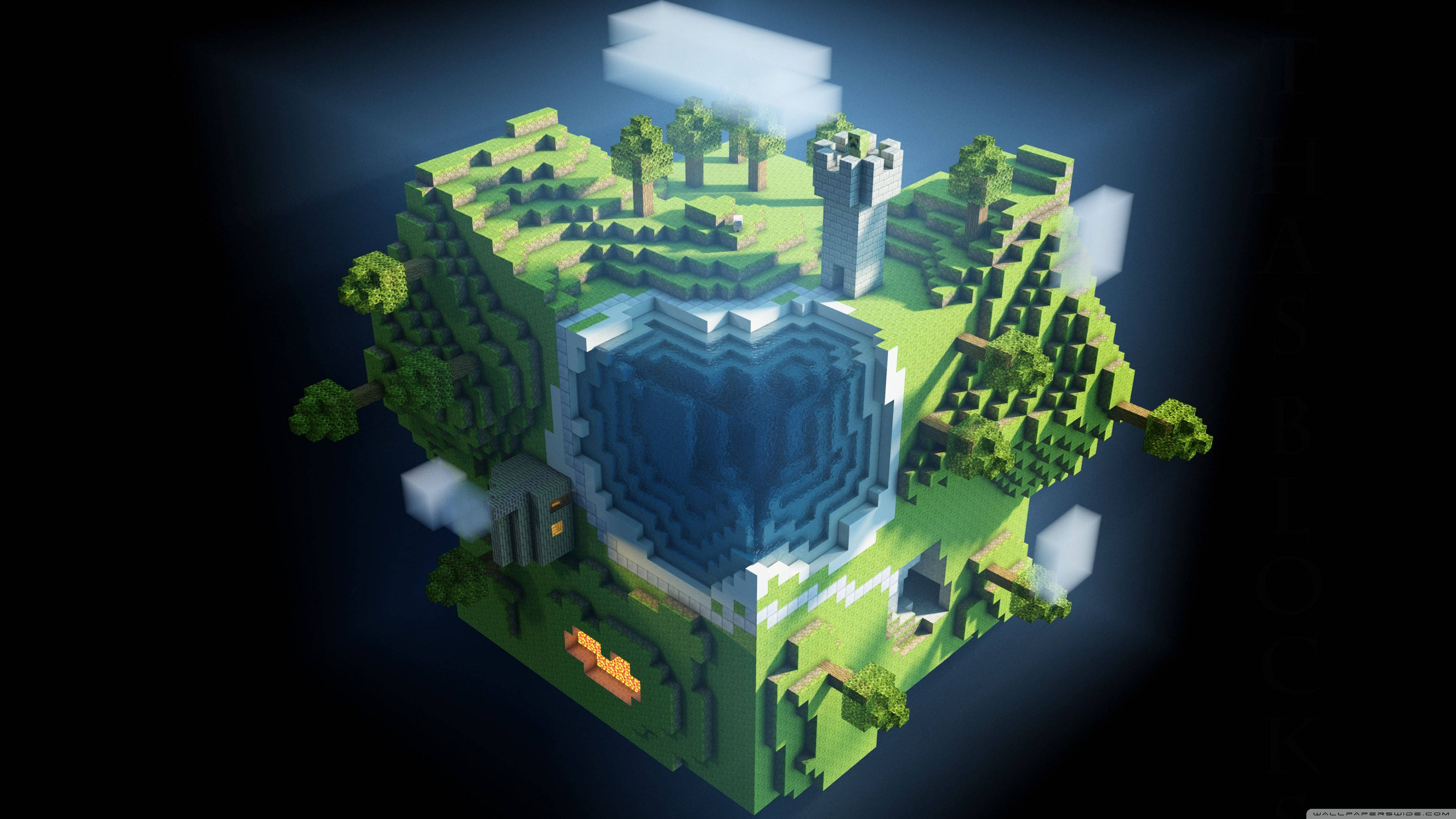 4K Minecraft 壁紙 桌布 壁紙 — 一個浮動的像素化島嶼，有城堡、湖泊、樹木和雲朵，在黑暗背景下被聚光燈照亮。