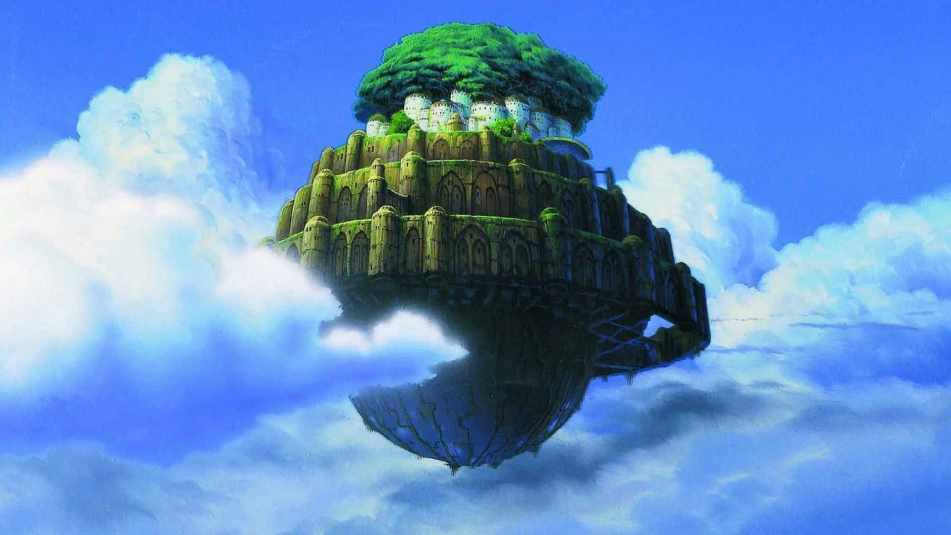 Castle In The Sky 桌布 壁紙 — 一個浮島，上面有茂密的綠色樹冠和石頭城堡，在晴朗的藍天下，寧靜地漂浮在蓬鬆的白雲之上。