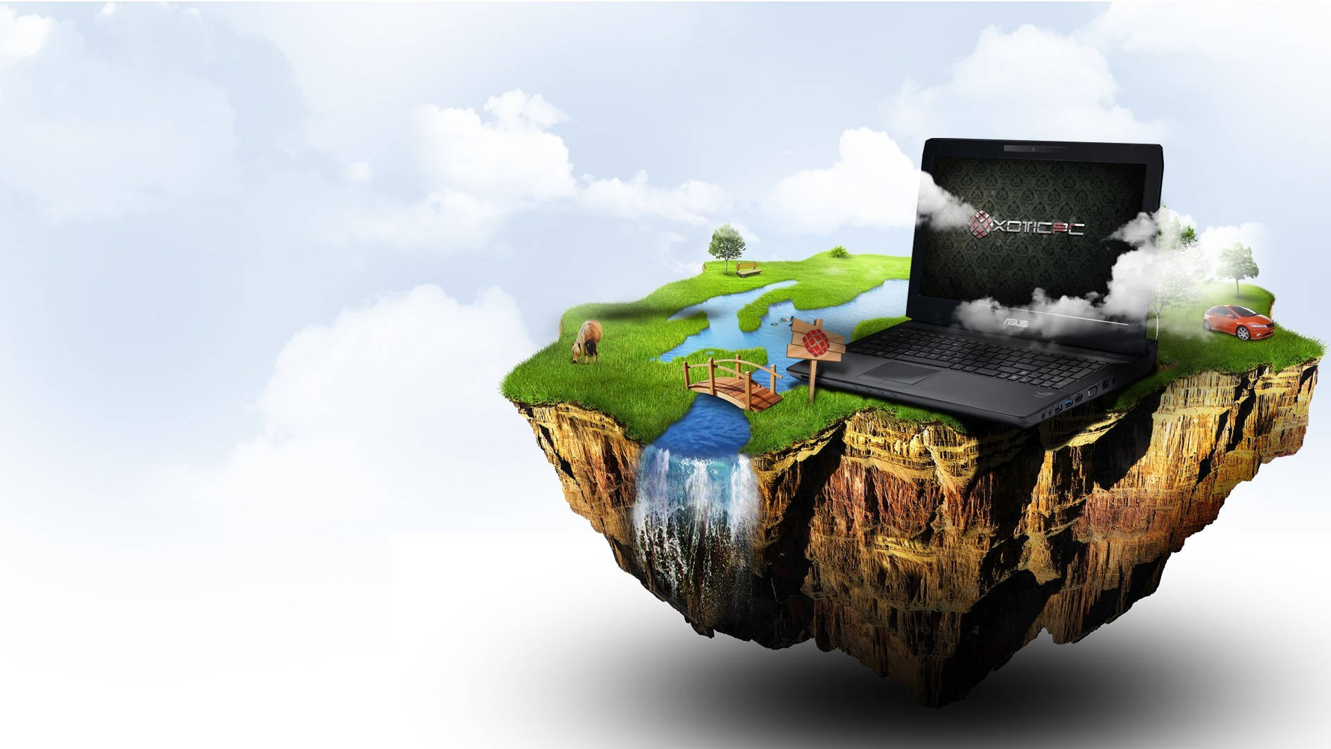 3D 桌面 桌布 壁紙 — 一個浮島中央有一台筆記型電腦，顯示一個數位世界，有瀑布橋、汽車和樹木，天空多雲。