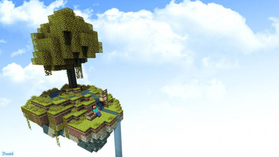 樹木 桌布 壁紙 — 一個浮空的Minecraft島嶼，上面有一棵樹和一個玩家角色，背景是明亮的藍天和蓬鬆的雲朵。