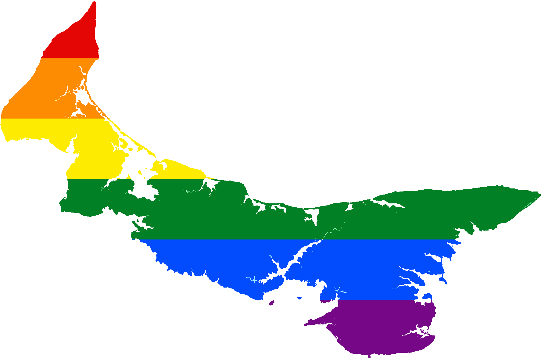 LGBT 桌布 壁紙 — 一個海岸陸地的剪影，充滿了代表 LGBTQ+ 驕傲的橫向彩虹條紋。