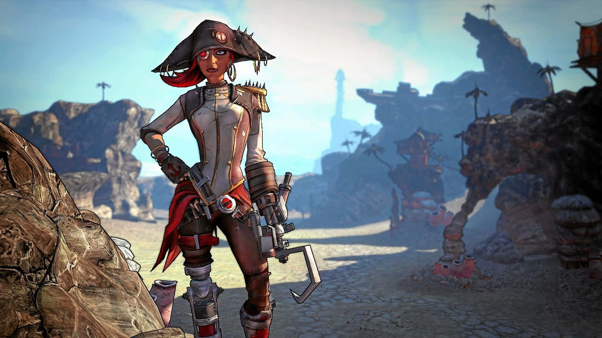 Borderlands 桌布 壁紙 — 一個海盜主題的女性角色身穿盔甲，自信地站在岩石沙漠景觀中，遠處有建築物。
