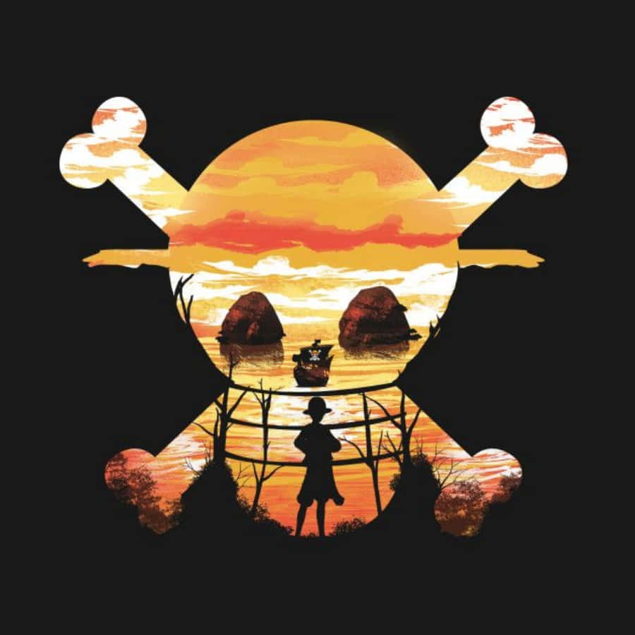 Straw Hat Pirates 桌布 壁紙 — 一個海盜剪影站在骷髏形狀的日落前，一艘船在兩塊岩石之間航行。