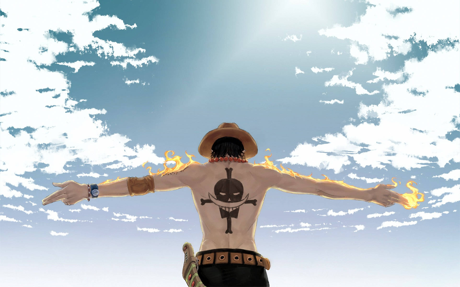 ace one piece 桌布 壁紙 — 一個海盜的背面，雙臂張開，在明亮的天空下，雙手拖出火焰，背上有一個骷髏紋身。