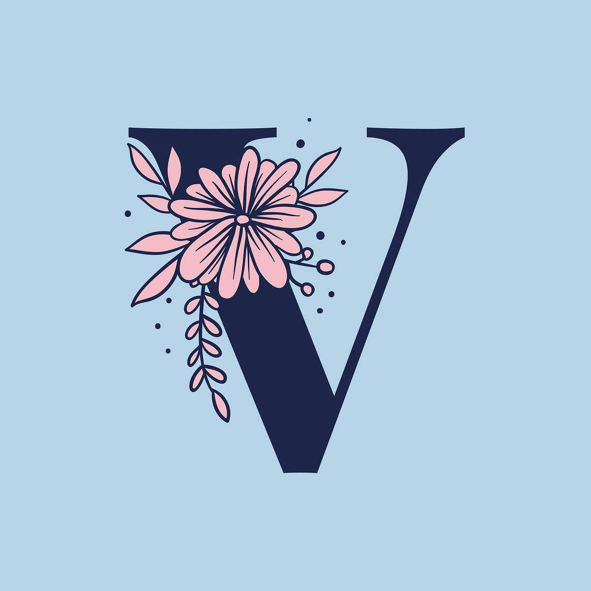 v 桌布 壁紙 — 一個海軍藍色字母 V，飾有粉紅色花卉圖案，背景為淺藍色。