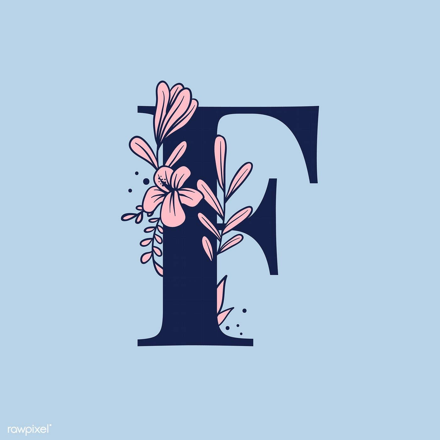 F 桌布 壁紙 — 一個海軍藍色字母F，在柔和的藍色背景上飾有粉紅色花卉元素。