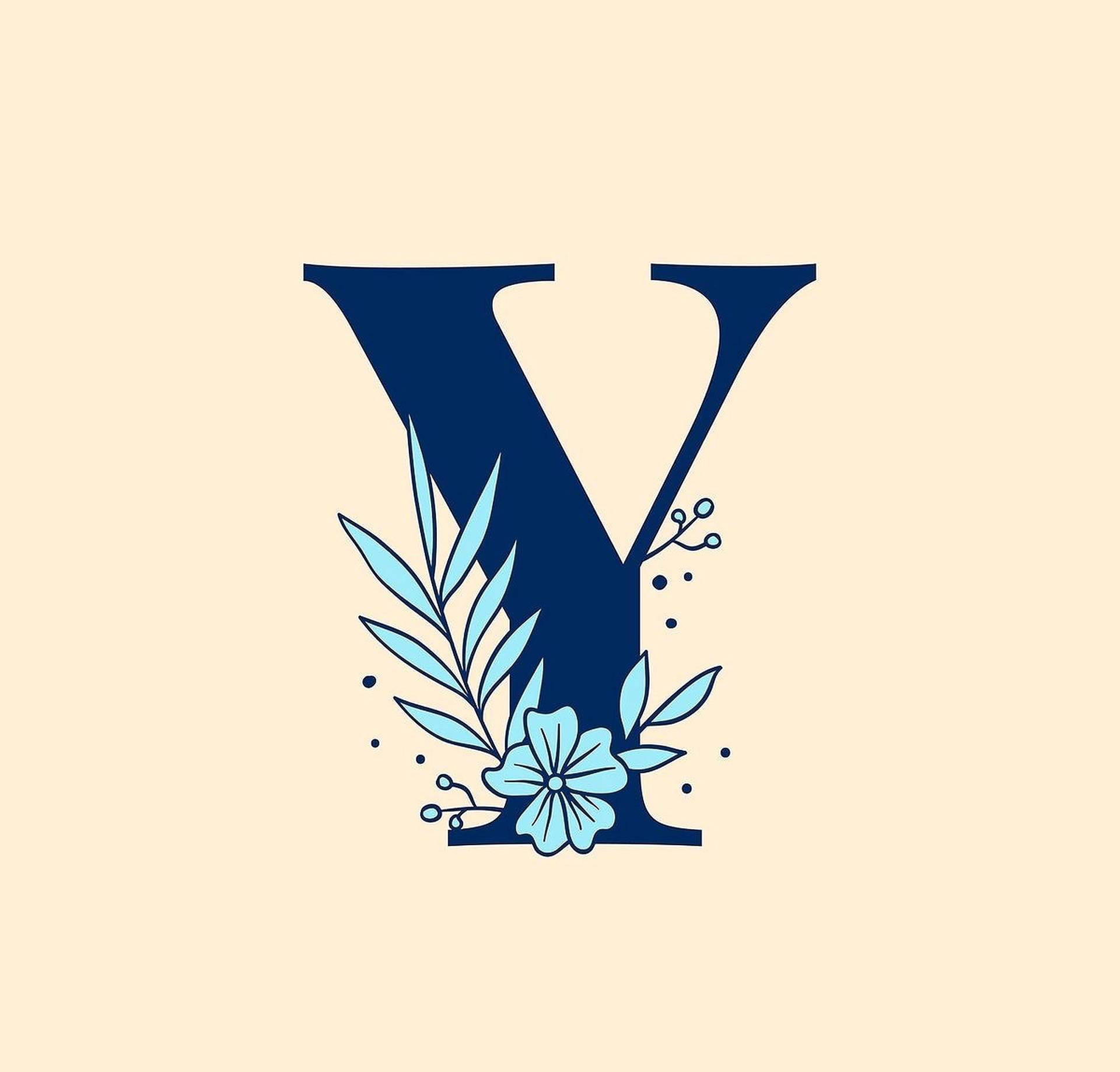 Y 桌布 壁紙 — 一個海軍藍色字母Y，飾有淺藍色花卉元素，背景為米色。