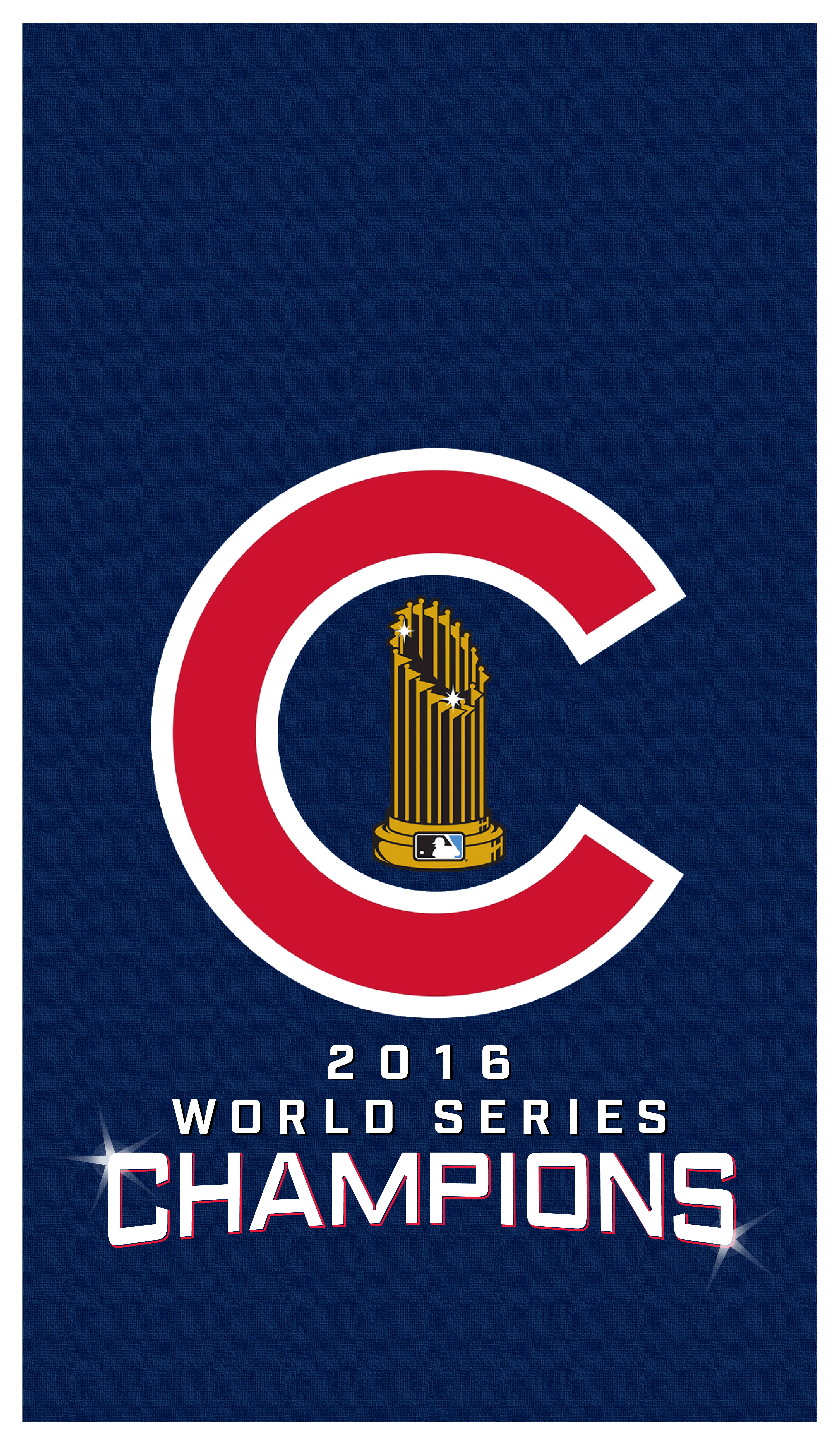 Cubs 桌布 壁紙 — 一個海軍藍色的橫幅，上面有一個紅色的 'C'，裡面有一個金色的世界大賽獎盃，下方有 '2016 WORLD SERIES CHAMPIONS' 文字。