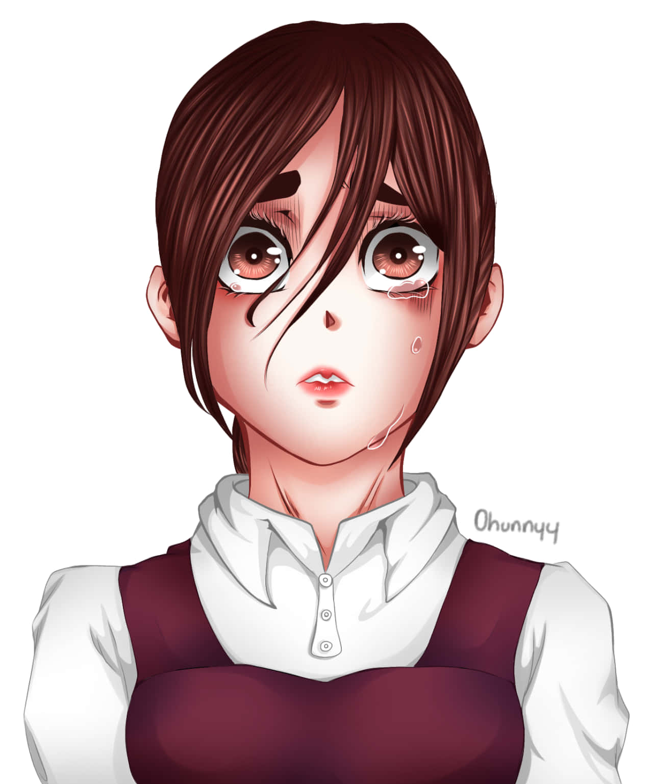 Gabi Braun 桌布 壁紙 — 一個淚眼汪汪的動漫女孩，棕色頭髮和大眼睛，在純白色背景前穿著一件白色襯衫，外面套著一件栗色背心。