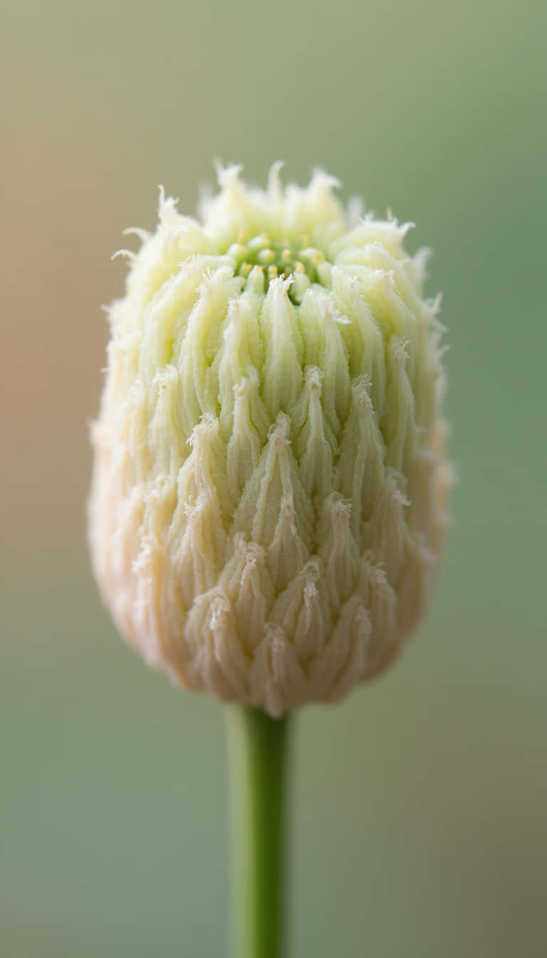 Flower 壁紙 — 一個淡綠色絨毛花蕾的特寫，帶有精緻的磨損邊緣，立於纖細的莖上，背景柔和模糊。